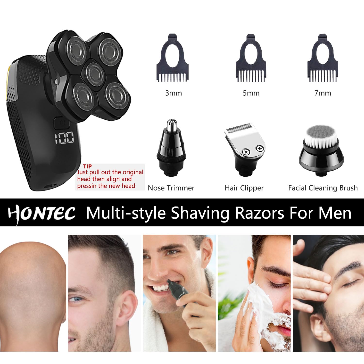 Hontec Revolutionary Upgrade Bald Men'S 4 In 1 Electric Head Shavers Cordless Comfortable Ipx7 Waterproof M Wet/Dry Use Equipped