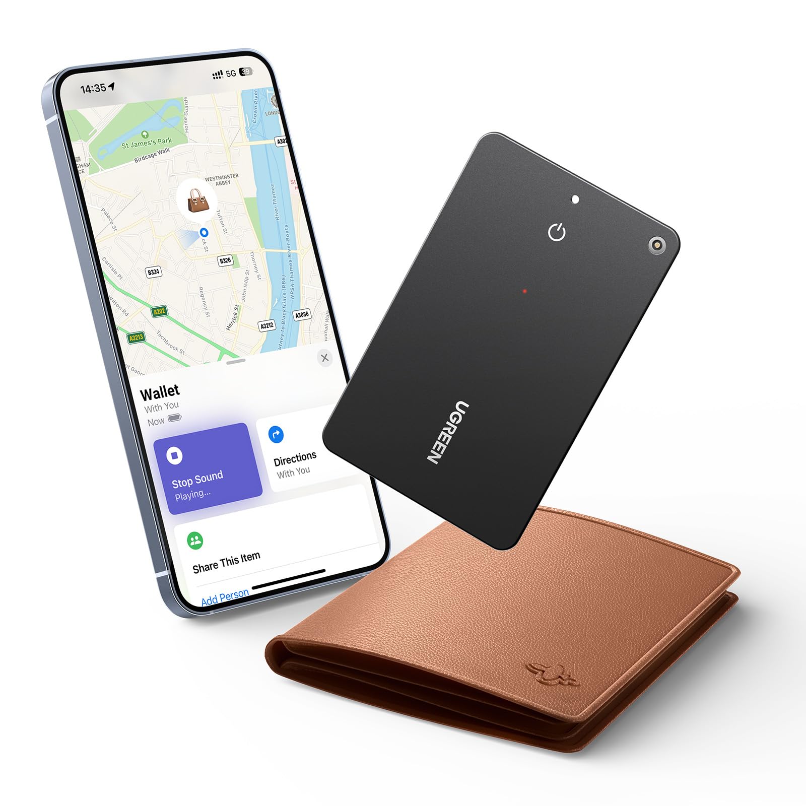 UGREEN FineTrack Slim Wallet Tracker Card (iOS Only), Bluetooth Tracker Card Finder 0.07in &IP68 Waterproof &One Charge Lasts A 