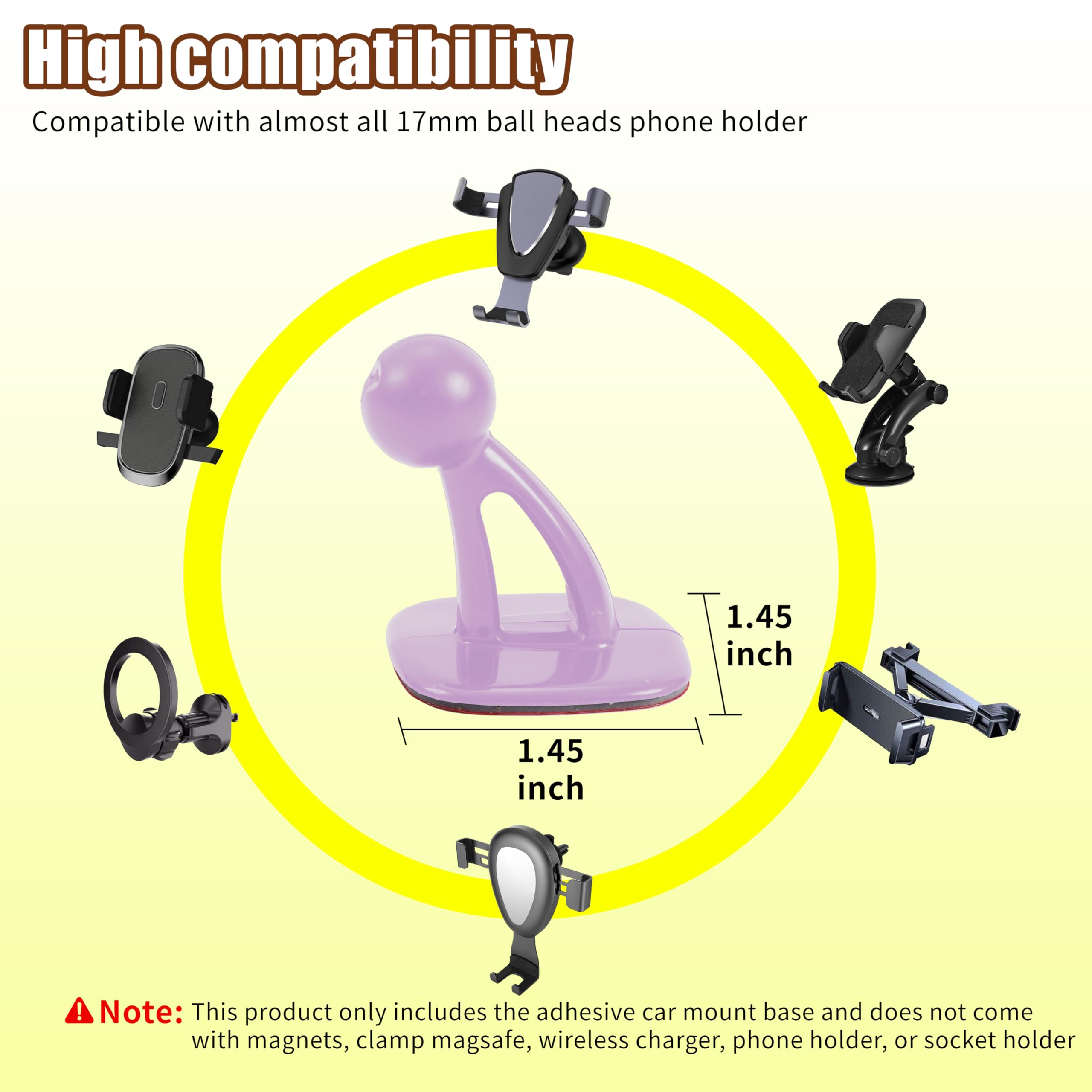 Universal Car Phone Holder Mount With Adhesive Pads, Compatible With 17Mm Ball Head, Strong And Sturdy Base For Cellphones (Pink