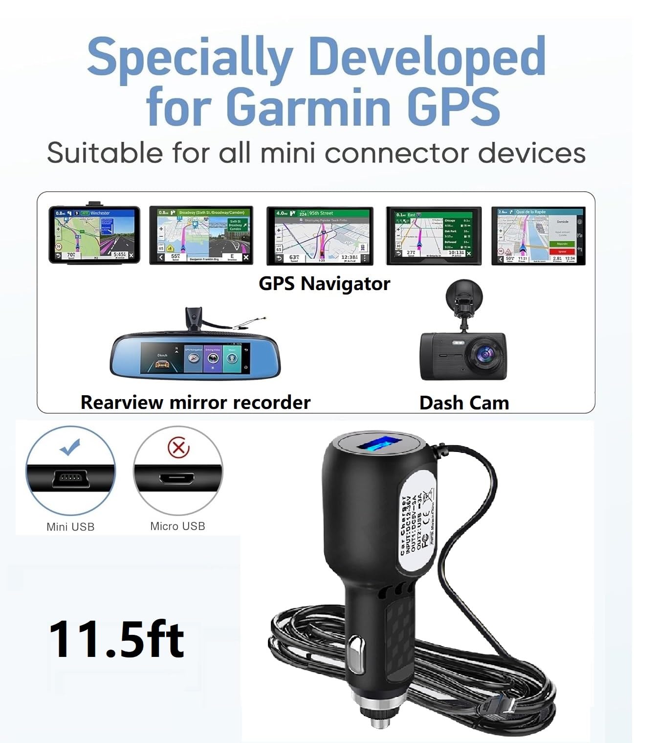 Atyfuer Dash Cam Charger Cable, 11.5Ft Mini Usb For 12V 24V Cars & Trucks, 3 In 1 Charging For Dash Cam, Gps Navigator, Mobile P