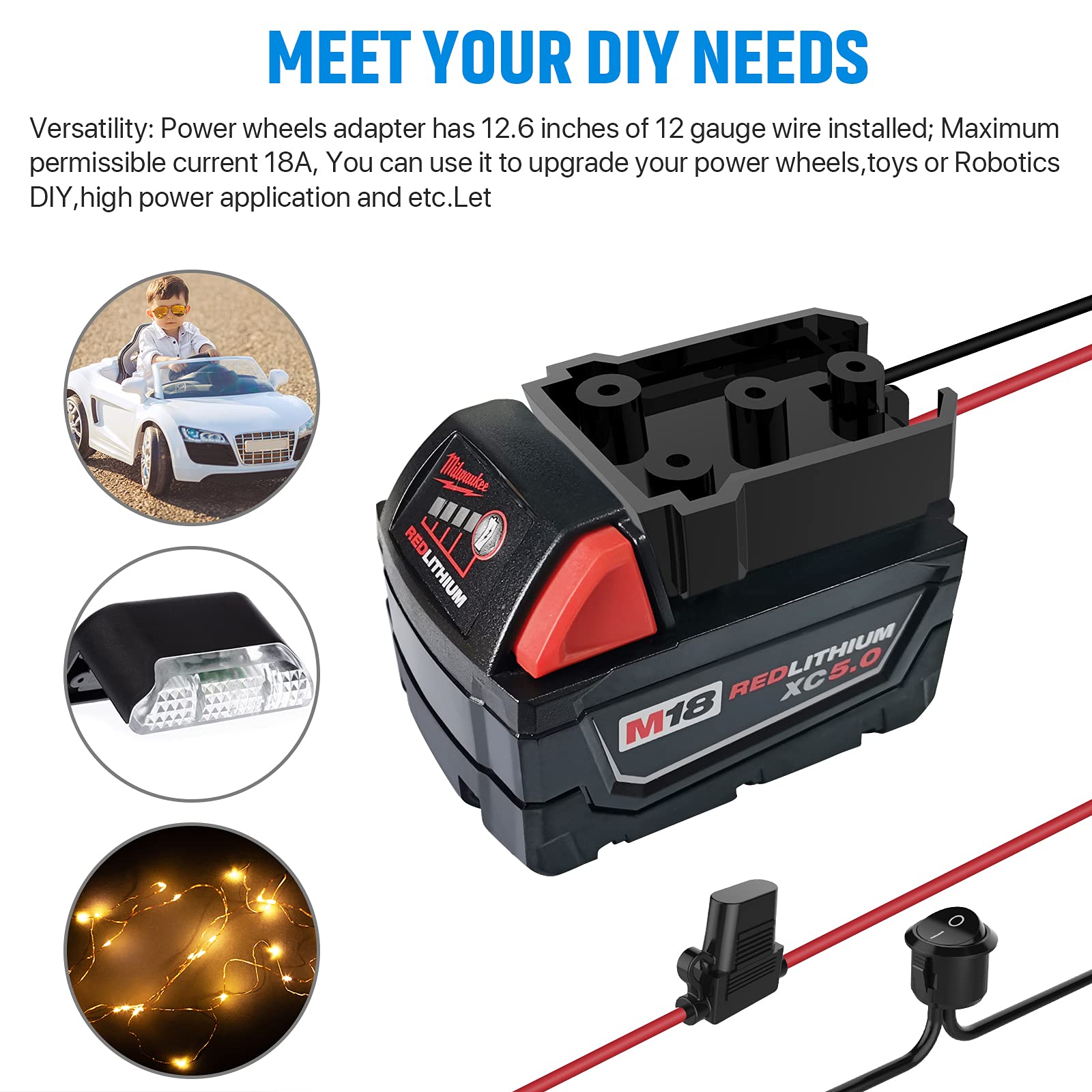 Power Wheel Adapter With Fuse & Switch, Secure Battery Adapter For Milwaukee 18V Lithium Battery,With 12 Gauge Wire, Good Power