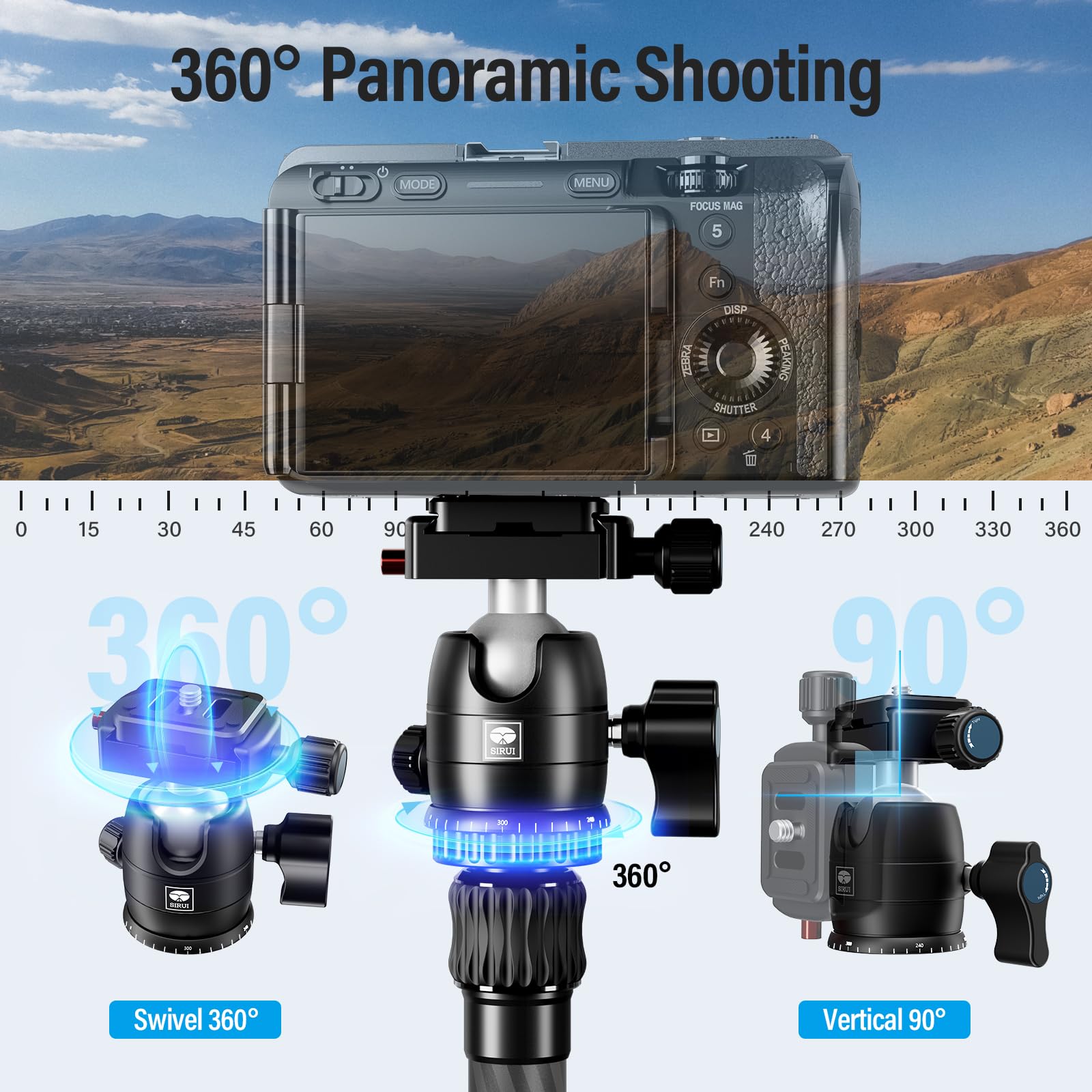 Sirui 52' Carbon Fiber Travel Tripod, Compact Lightweight Camera Tripod, 360� Ball Head Detachable, Load 10Kg/22Lbs, Folded Height 13' (Traveler 5Cx)