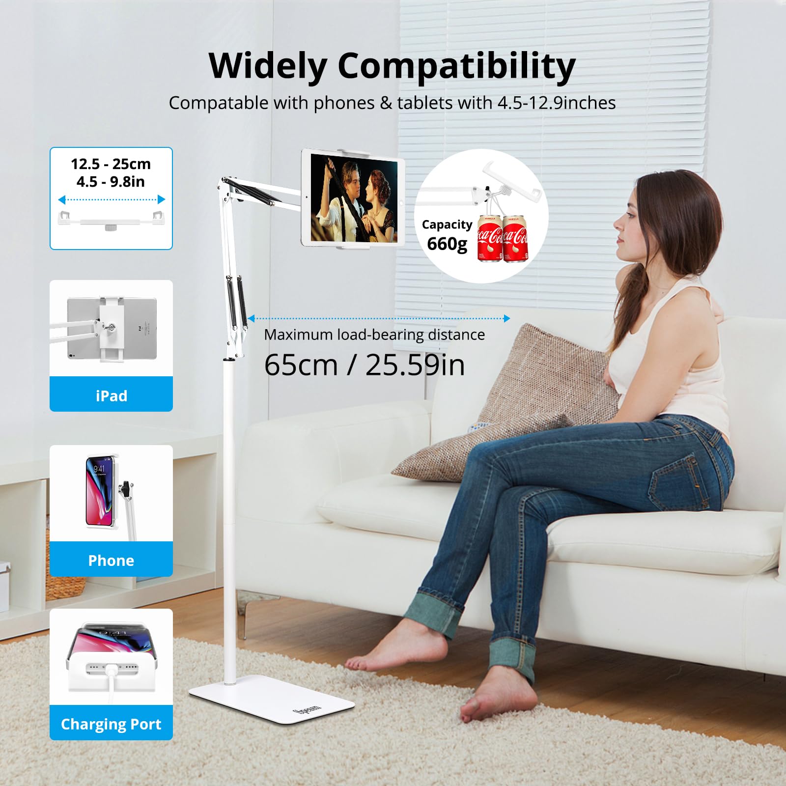 Spessn Adjustable Tablet Floor Stand Universal 360-Degree Rotatable Metal Tablet Holder Phone Stand Compatible Ipad/Iphonex/Ipad