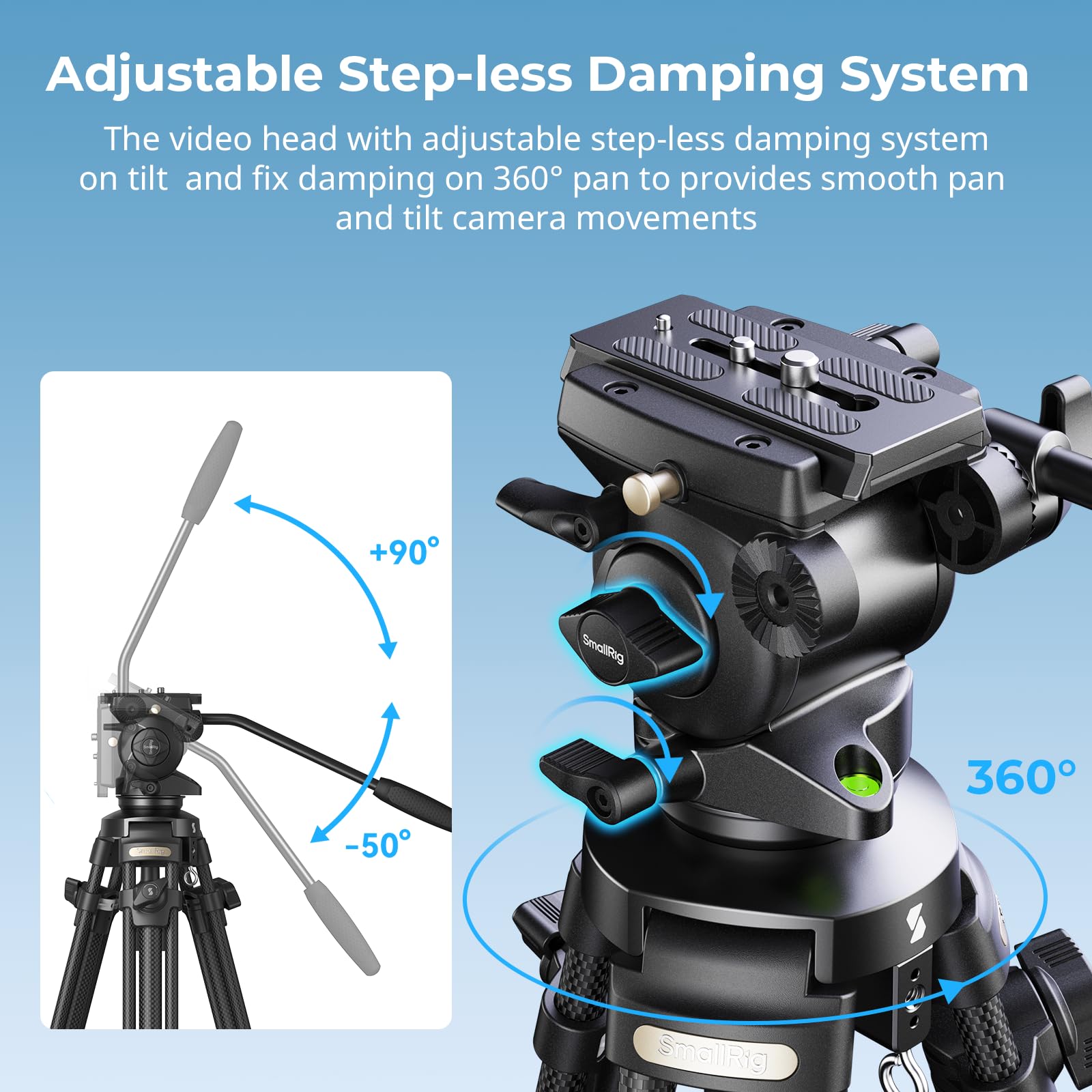 Smallrig Ad-50 Heavy Duty Tripod, Carbon Fiber Video Tripod, 64Lightweight Travel Tripod With Step-Less Damping Fluid Head, Deta