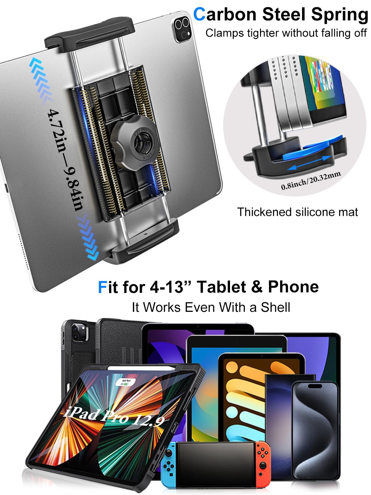 Kolasels Car Dashboard Windshield Tablet Mount For 4 13' Ipad & Phone, Telescopic Arm Suction Cup Truck Dash Window Tablet Holder For Ipad Pro 12.9 11 10.5 9.7, Ipad Air Mini, Samsung Tabs, Iphone Etc