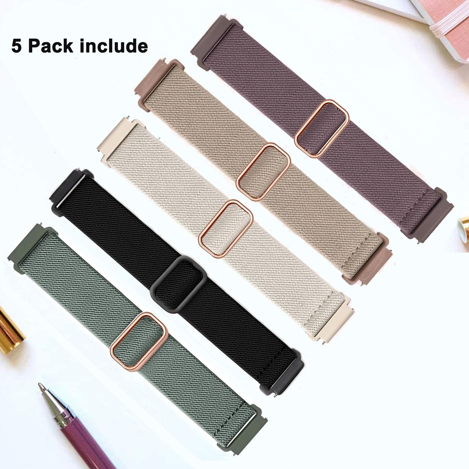 ViCRiOR 5 Pack Stretchy Nylon Watch Bands for Garmin Venu 2S/Vivoactive 4S, 18mm Adjustable Elastic Straps in Black, Starlight, Smok