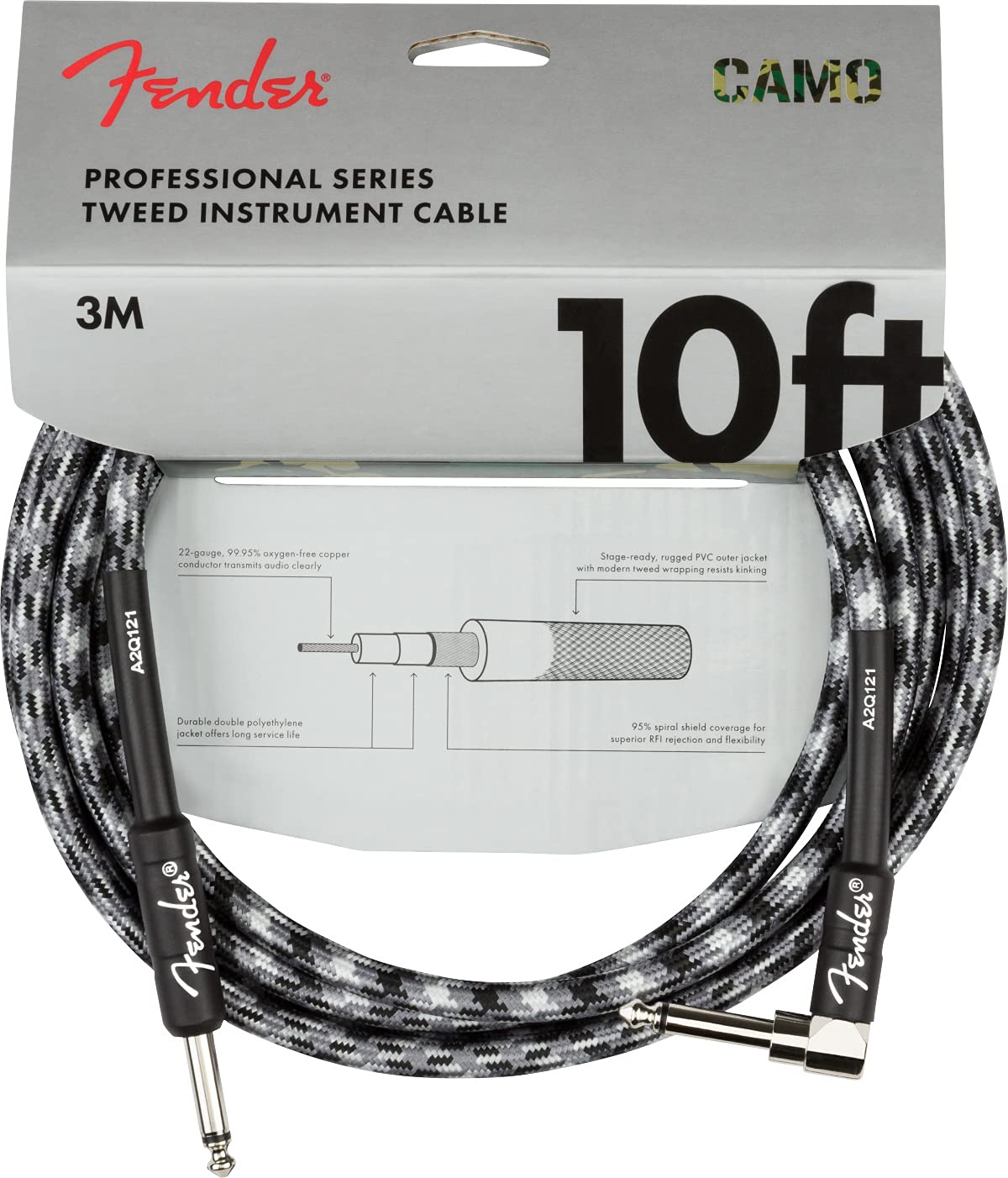 Fender Professional Instrument Cable 10Ft Straight Angle Winter Camo   1 Pack