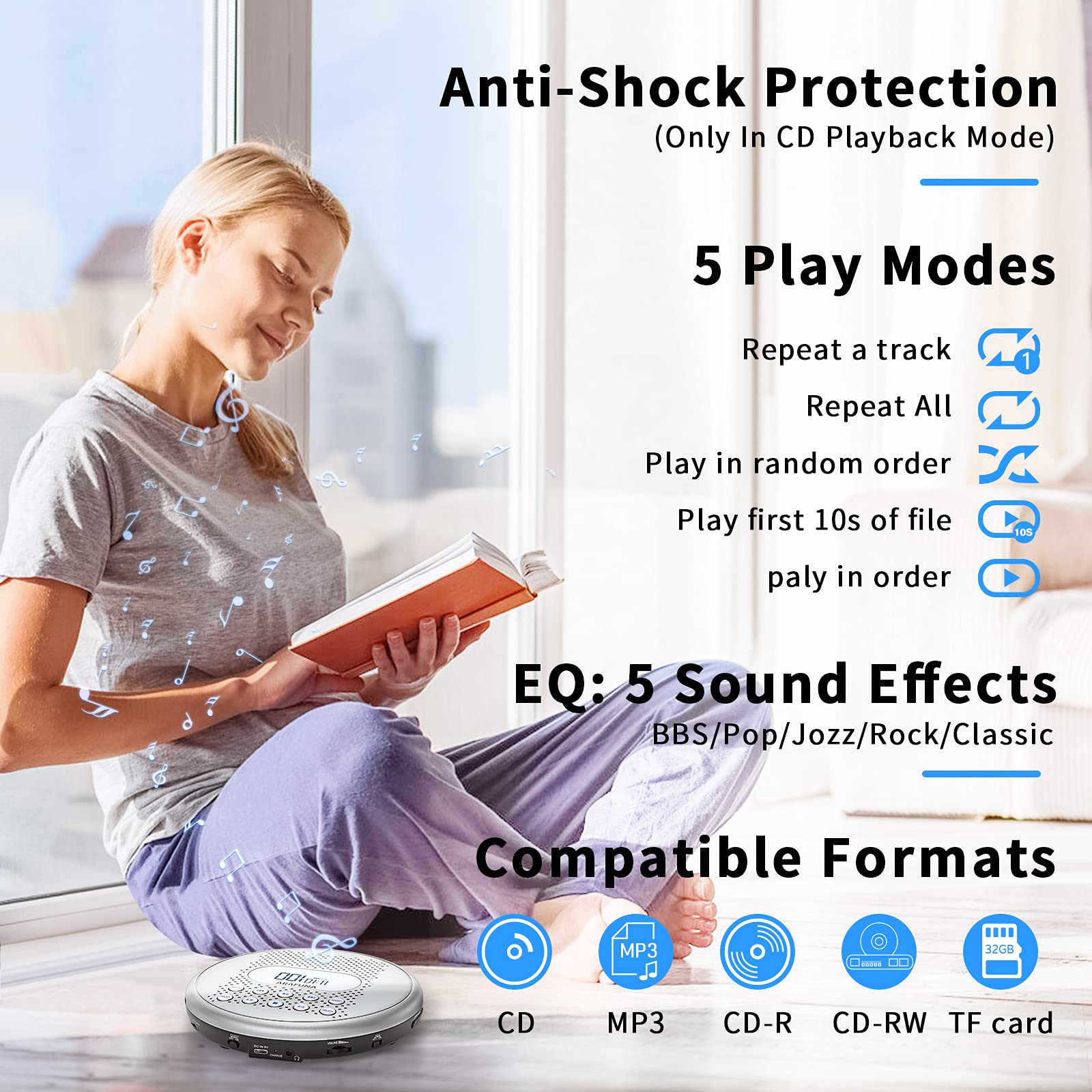 Arafuna Cd Player Portable, Rechargeable Portable Cd Players For Car With Speakers, Anti Skip Walkman Cd Player With Backlit Button, Lcd Display And Aux Cable