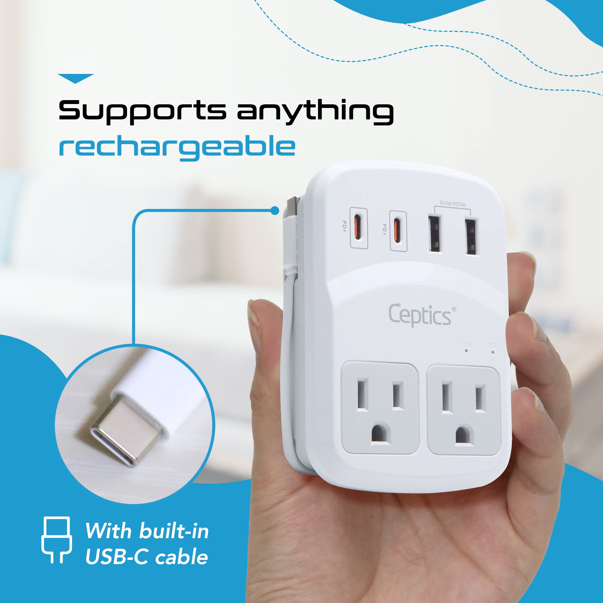 Ceptics World Travel Adapter Kit 2 Usb-A, Usb-C Us Outlets, 20W/Qc 18W Power Delivery, Surge Protection, Swadapt Compatible For
