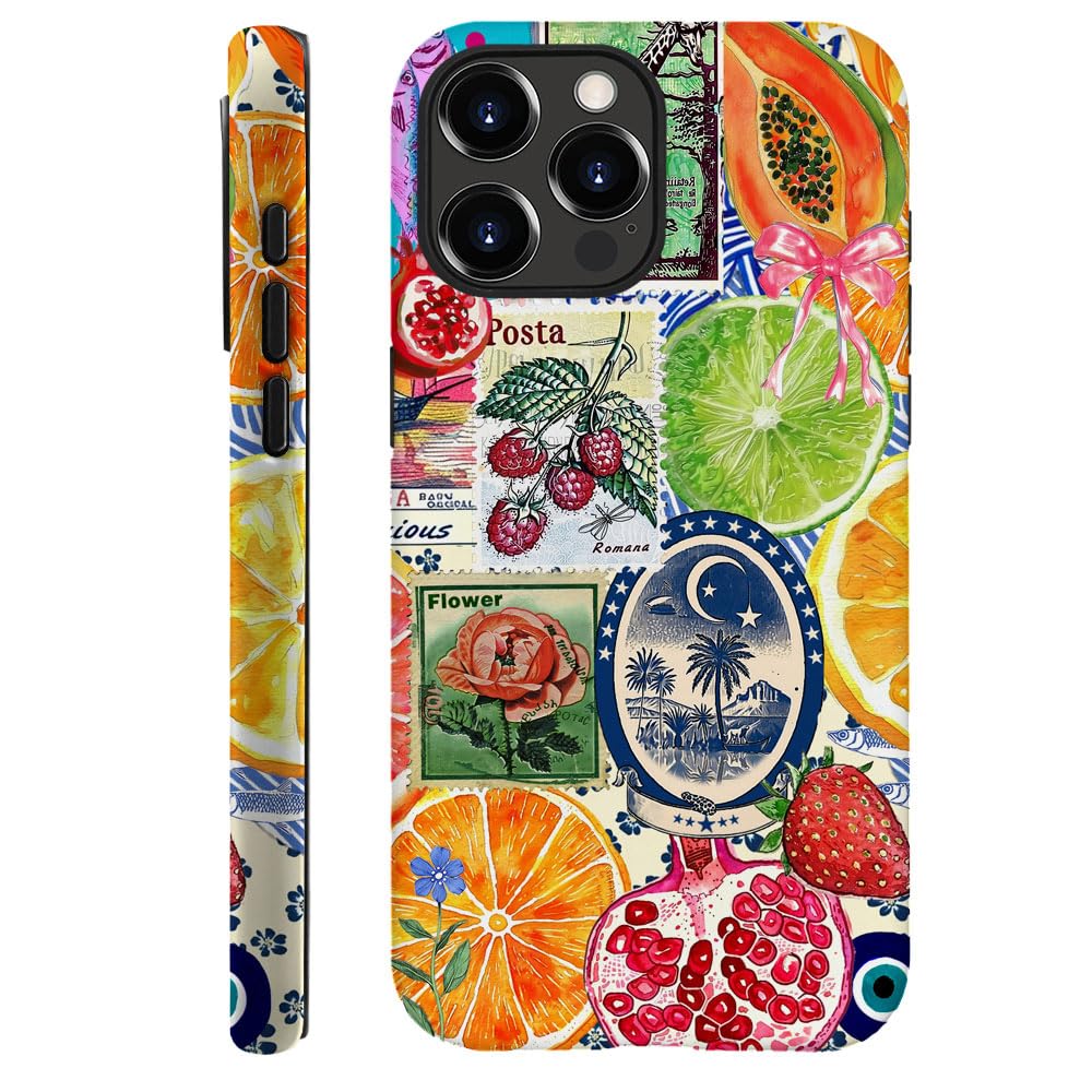 kiritfox Case Compatible with iPhone 14 Pro,Hybrid 2-Layer Hard Shell,Shockproof Soft for Girl Women,European Lemon Stamp Collag