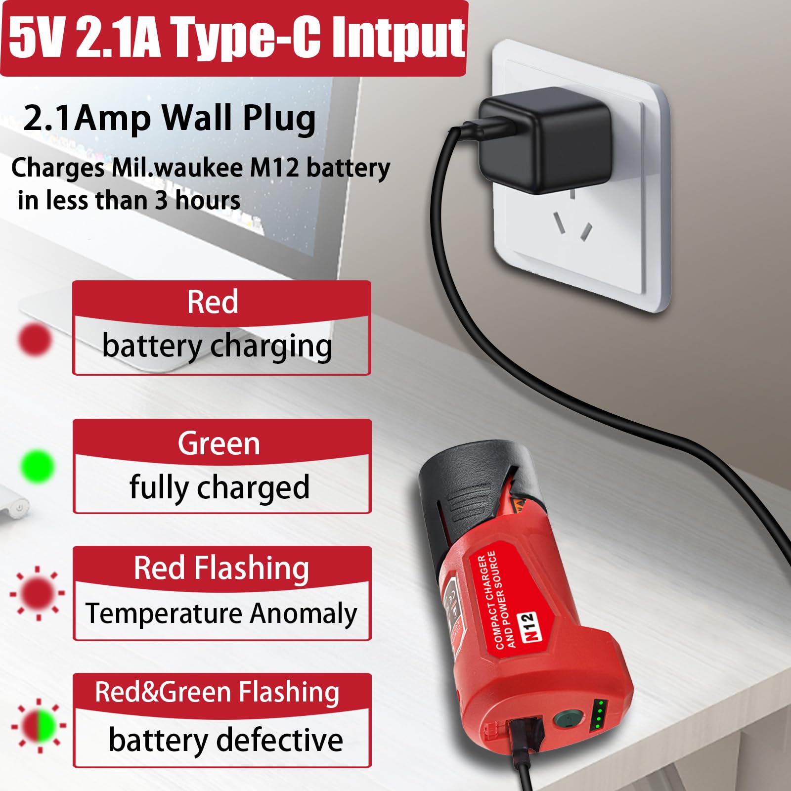M 12 Battery Charger With Type C Port & Dc 12V Outlet