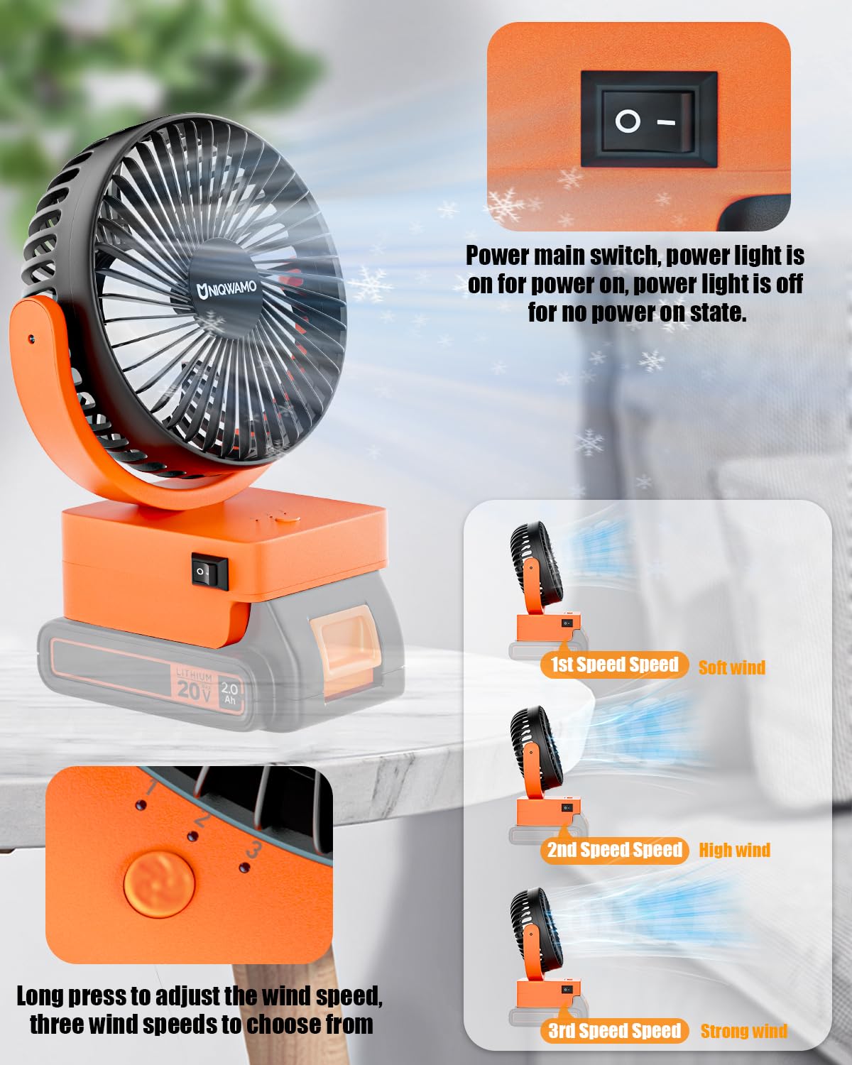 Rechargeable Jobsite Fan For Black & Decker/Porter Cable 20V Max Battery(Only Fan,No Battry), Portable Cordless Fan With 3 Speed