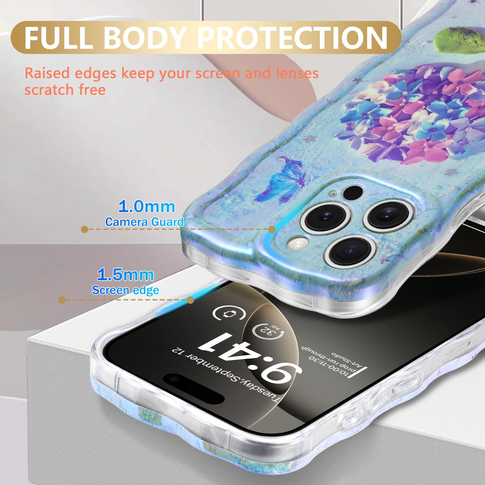 Sheheme For Iphone 16 Pro Case [With 9H Screen Protectors] Wave Bumper Colorful Oil Painting Flowers Print Blue Glossy Soft Tpu