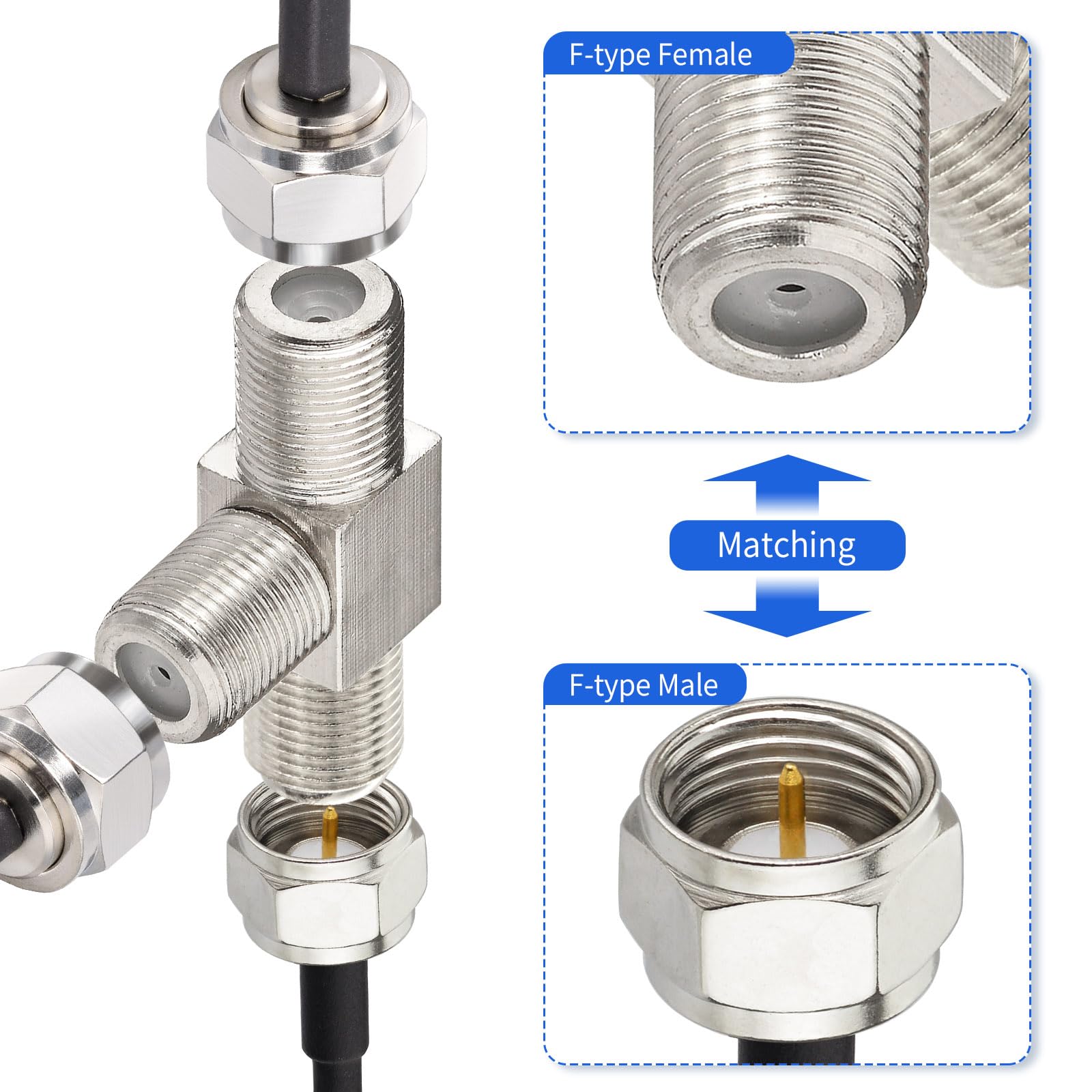 Wlaniot F Type Splitter 3 Way F Type Female To 2 Female Coaxial Connector Adapter T Shape For Tv Video Vcr Antenna Tv Cable Sate
