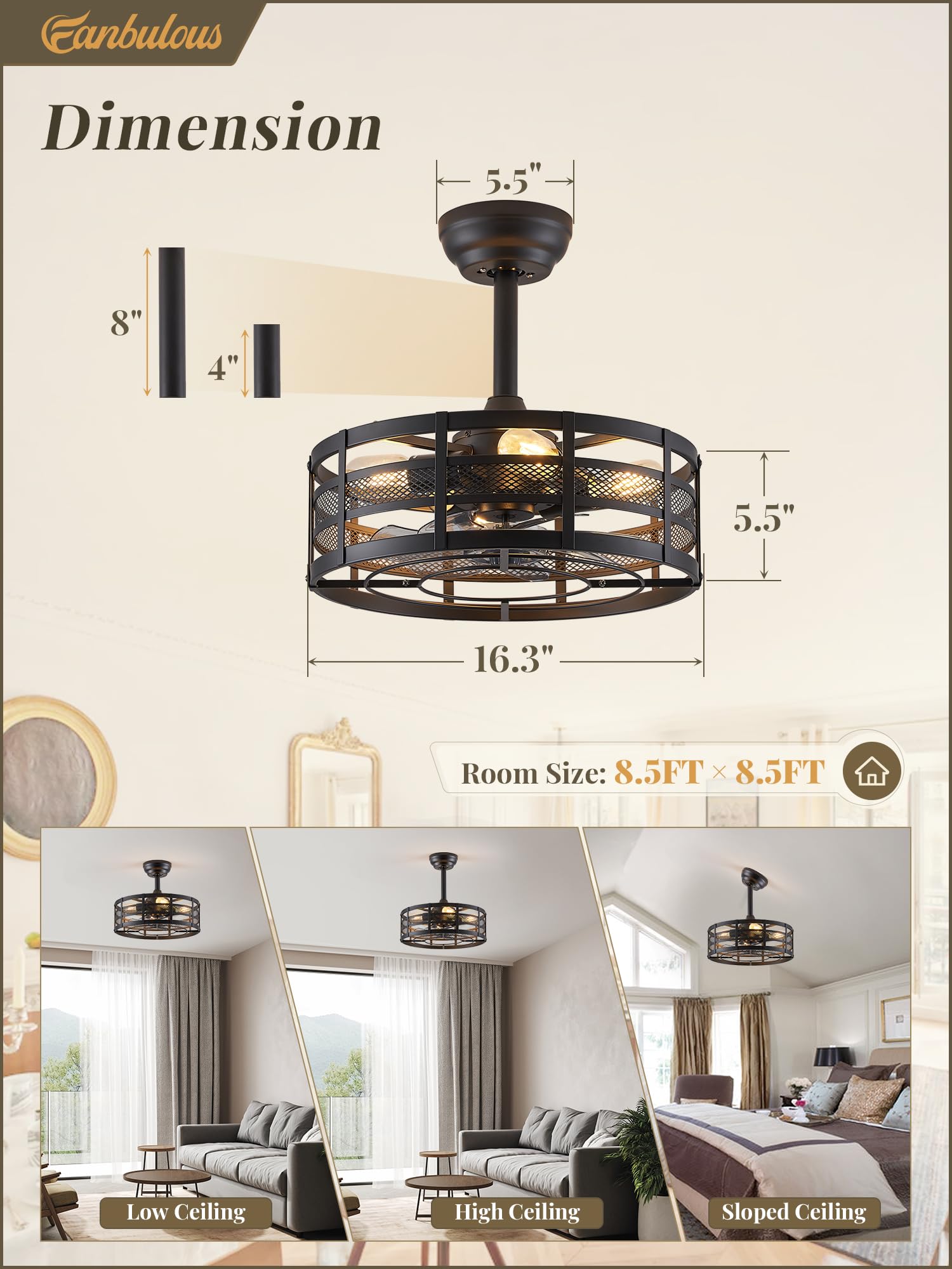 Fanbulous 16In Caged Ceiling Fans With Lights And Remote, Black Fandelier Ceiling Fan With 6 Speeds And Timing, Farmhouse Samll