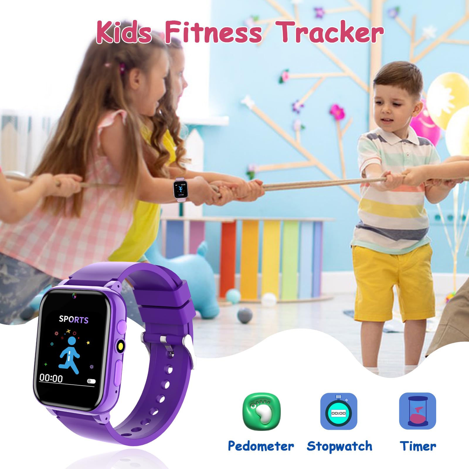 Goodatech 1.69'' Smart Watch For Kids 4 12 Years Boys Girls, 26 Puzzle Games,Hd Camera,Video Music Player,Pedometer,Flashlight,A