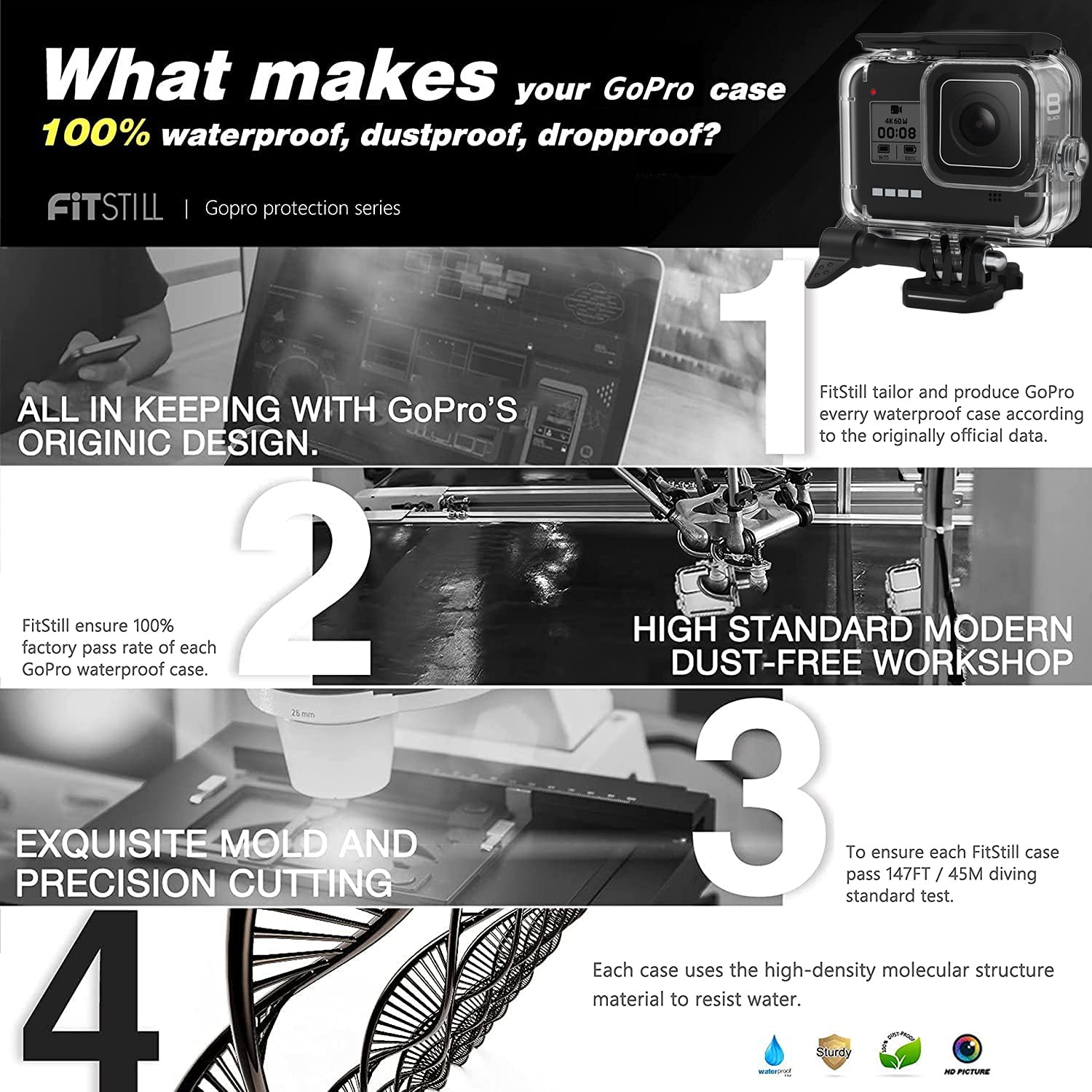 Fitstill Waterproof Case For Go Pro Hero 8 Black,60M/196Ft Protective Underwater Dive Housing Shell With Bracket Accessories For