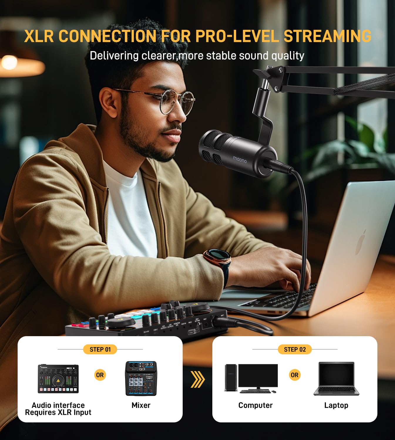 Maono Xlr Podcast Dynamic Microphone, Cardioid Studio Mic With Boom Arm For Vocal Recording,Streaming,Gaming, Voice Isolation Te