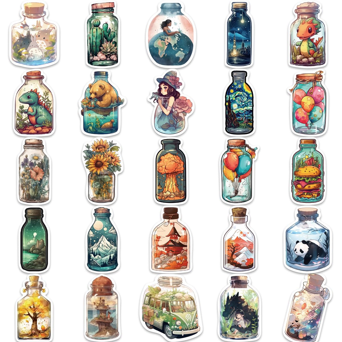 Yoksas 50Pcs World In The Bottle Stickers   Aesthetic Scenery Cartoon Anime Artist Decals For Water Bottle,Laptop,Scrapbooking,T