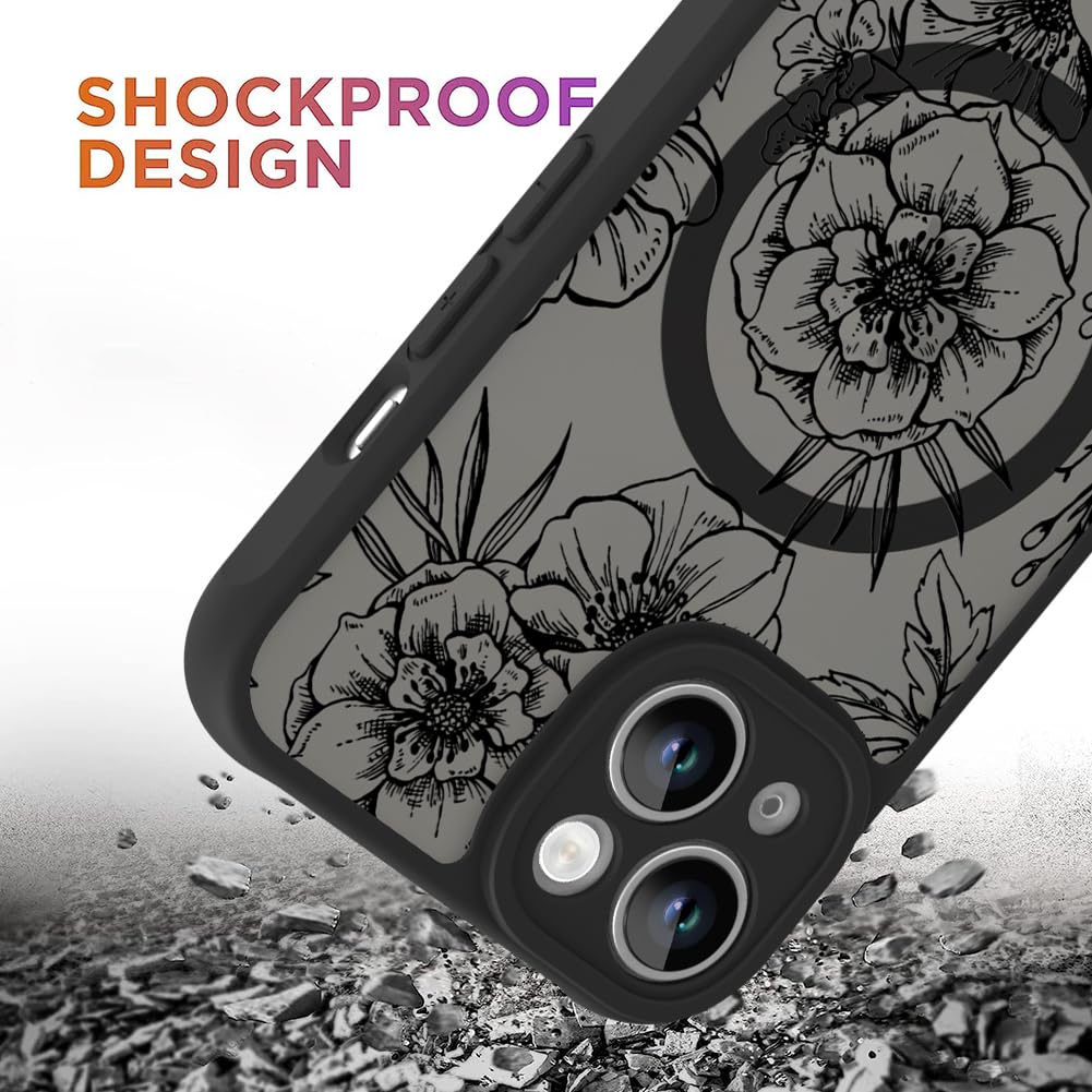 Ook Magnetic For Iphone 13 Case Black Flower Floral Pattern [Compatible With Magsafe] Slim Translucent Matte Camera Lens Protect