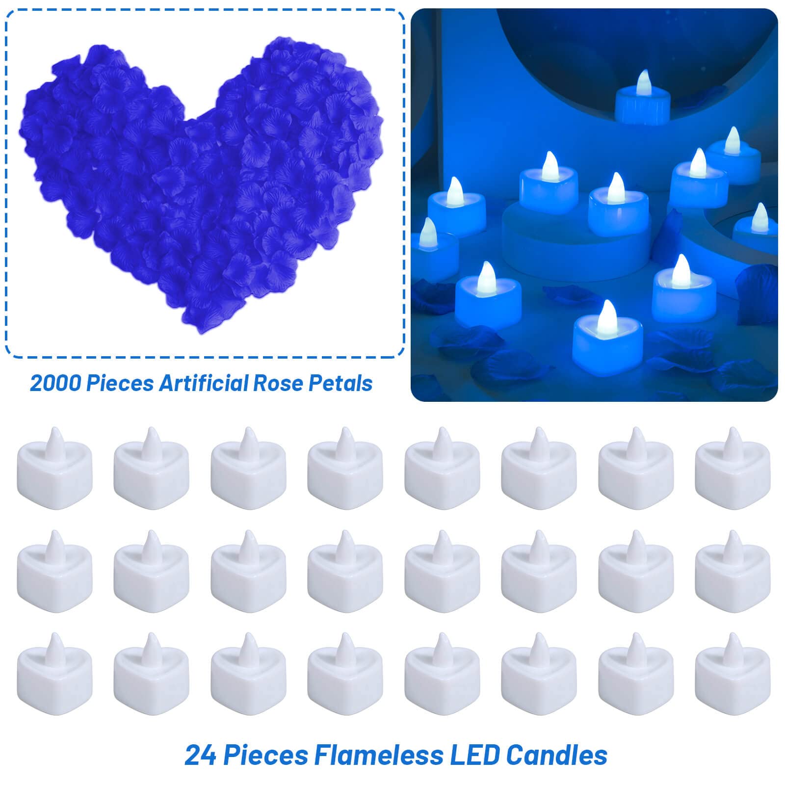 Cridoz Blue Rose Petals For Romantic Night For Him Set, 2000 Pieces Artificial Rose Petals With 24 Pieces Flameless Led Candles