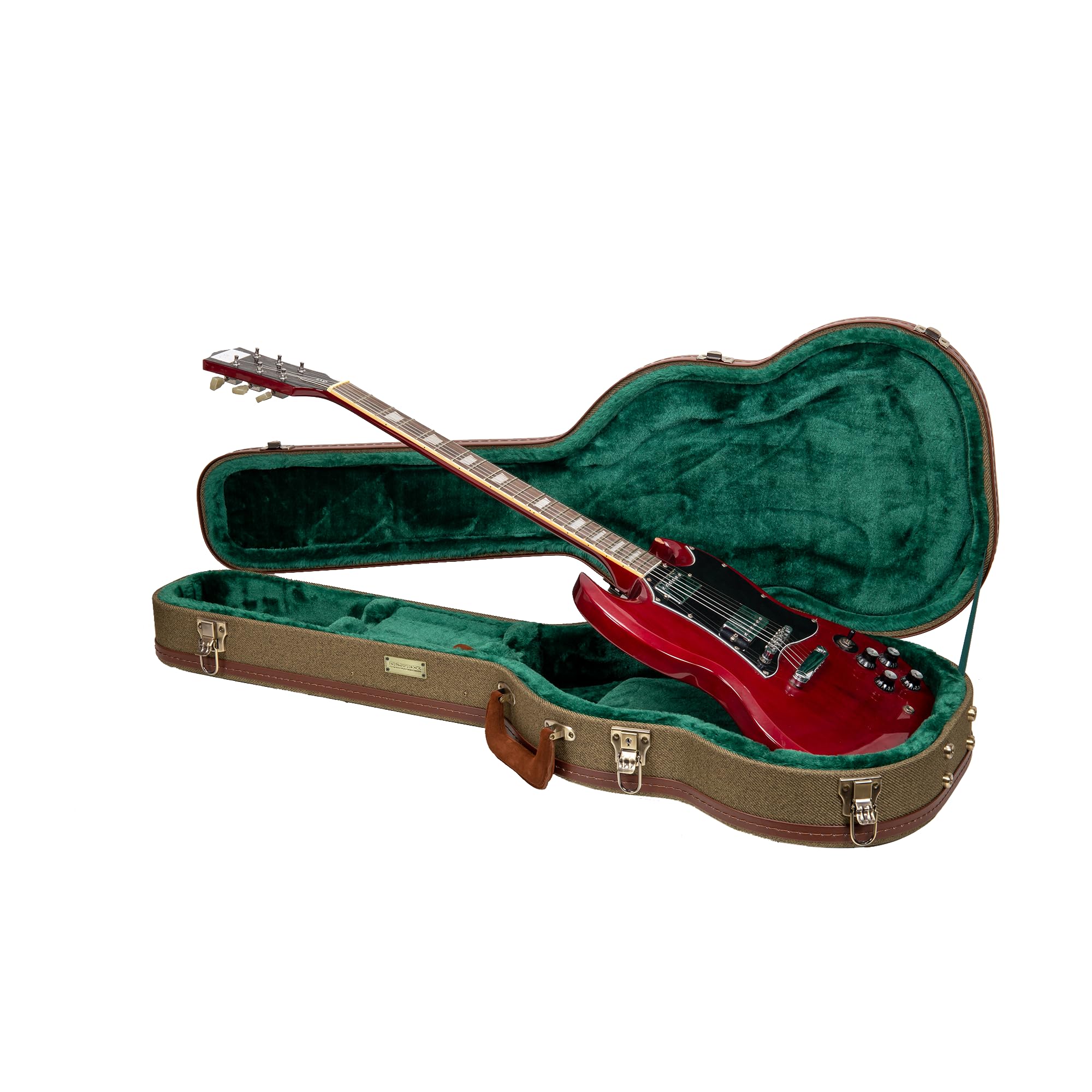 Crossrock Master Series SG Electric Guitar Case | Olive Green Tweed Exterior, Re-Engineered Wooden Shell, Leather Handle & Fores