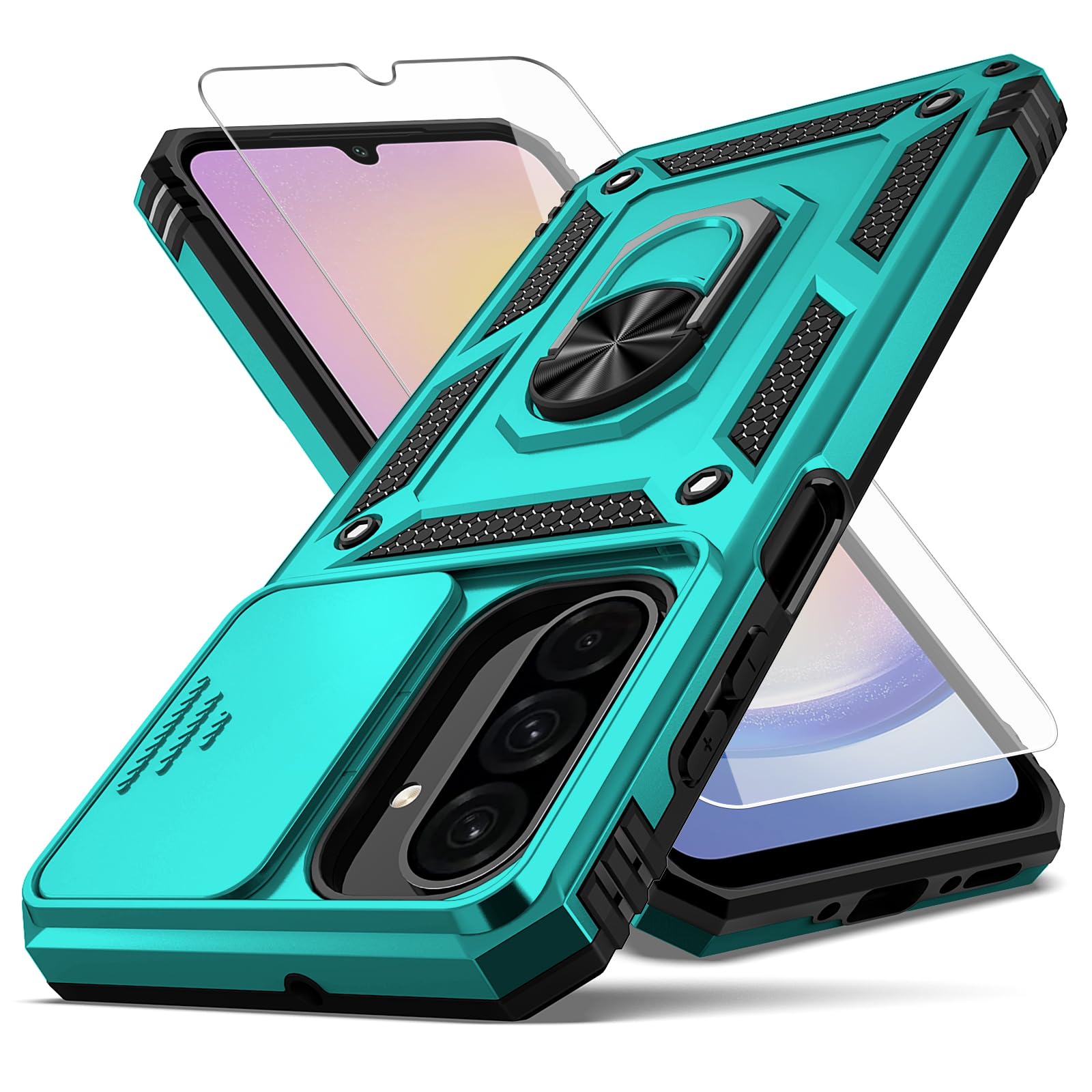 YZOK for Samsung Galaxy A17 5G Phone Case, Built in Slide Camera Lens Cover+Finger Ring Holder Kickstand+Screen Protector, Heavy