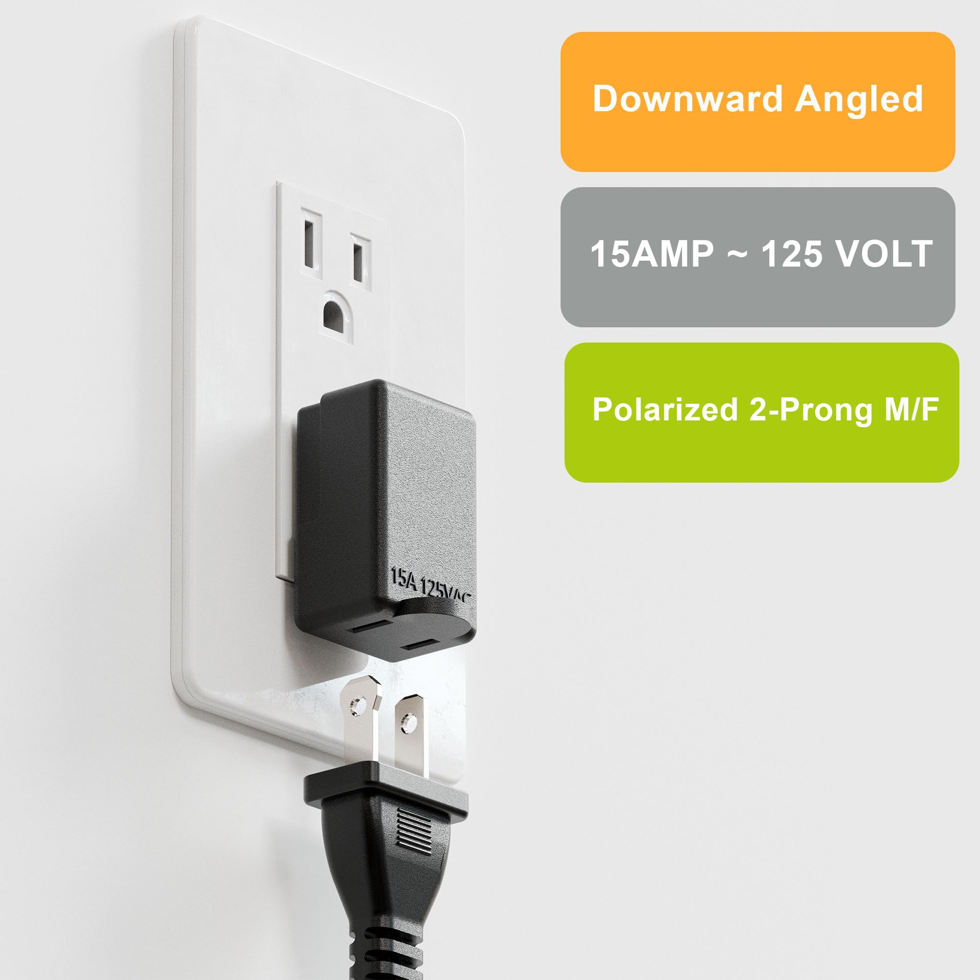 Right Angle Adapter,2 Prong 90 Degree Downward Angled Ac Adapter, Polarized 2 Prong L Type Adapter, Vertical Right Angled Down A