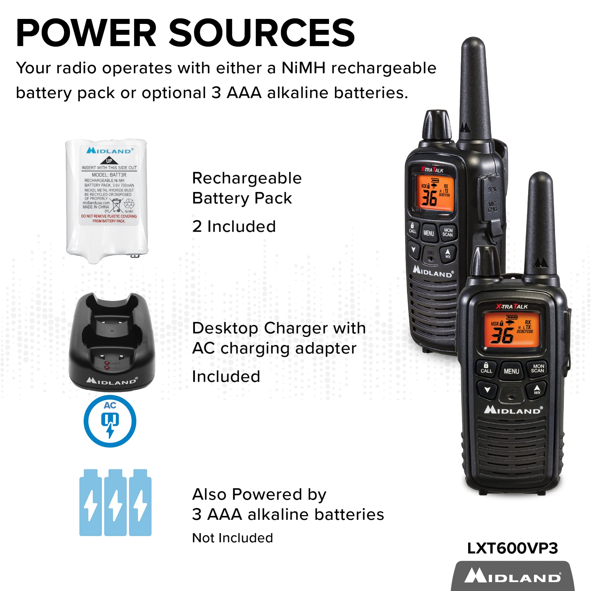 Midland   Lxt600Vp3   Handheld Portable Frs Business Overlanding Gear Two Way Radio   Long Range Rechargeable Walkie Talkies For Adults   121 Privacy Codes, Weather Radio   Black (2 Pack)