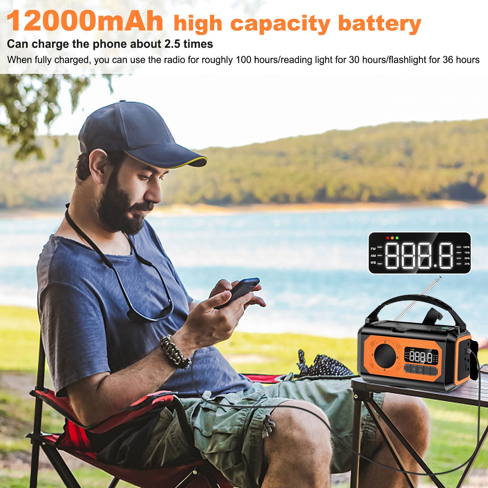 12000Mah Emergency Radio, Hand Crank Radio, Portable Solar Radio Am/Fm/Noaa Weather Radio With 2 Solar Panels,3 Charging Methods