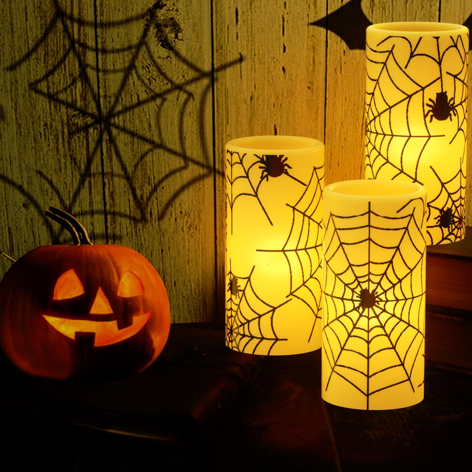 Wondise Halloween Flickering Flameless Candles With Spider Decals, Battery Operated Candles With 6Hrs Timer, Real Wax Halloween
