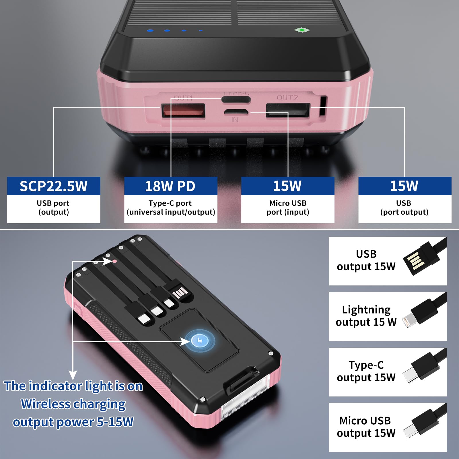 Solar Charger Power Bank 49800Mah, Portable Phone Charging Built-In 4 Cables 22.5W Fast Charging For Cell Phones, Type-C Input/O