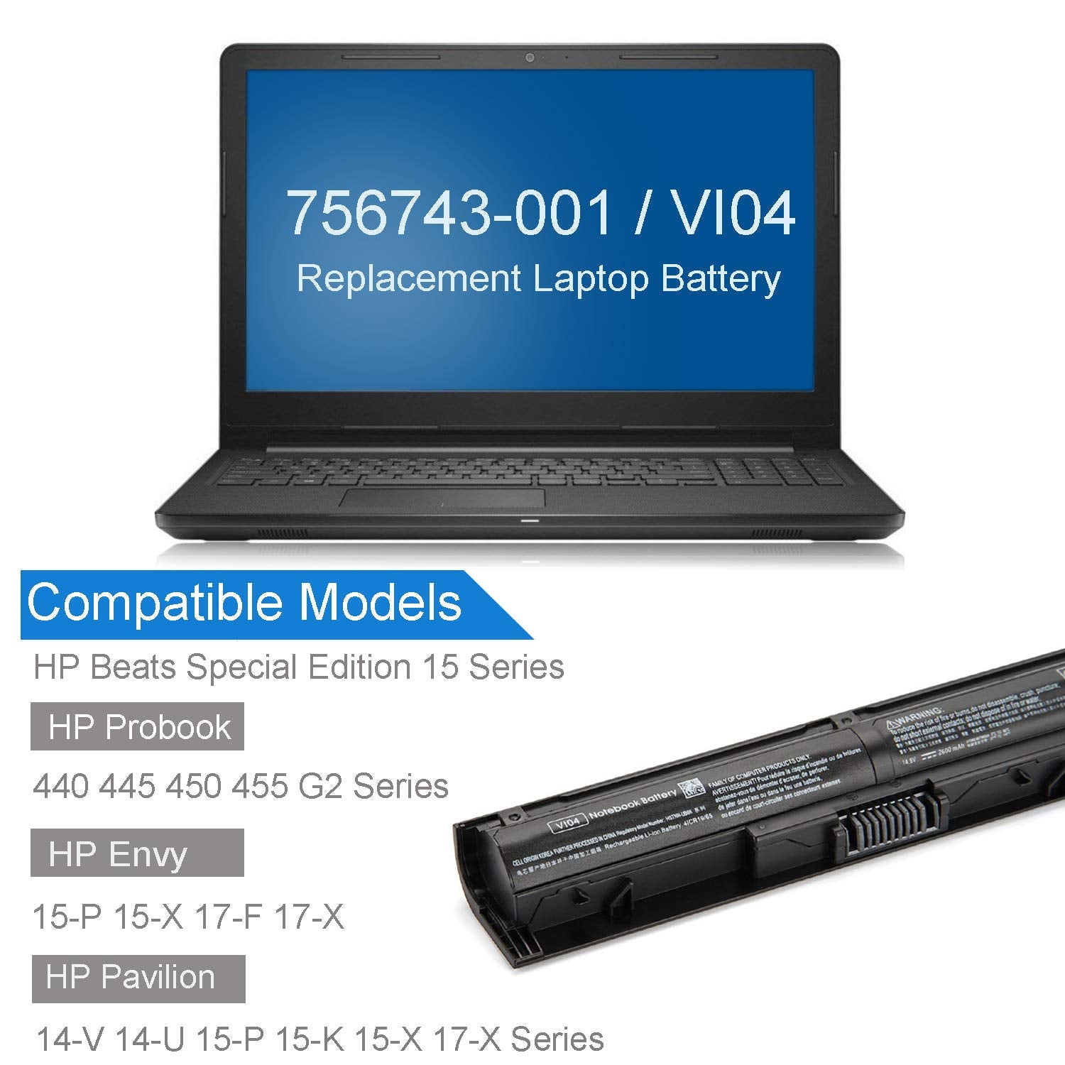 NATNO VI04 Laptop Battery for HP Pavilion Beats Special Edition 14.8V 2600mAh 4-Cell Black Replacement Battery 10.8x1.2 inch