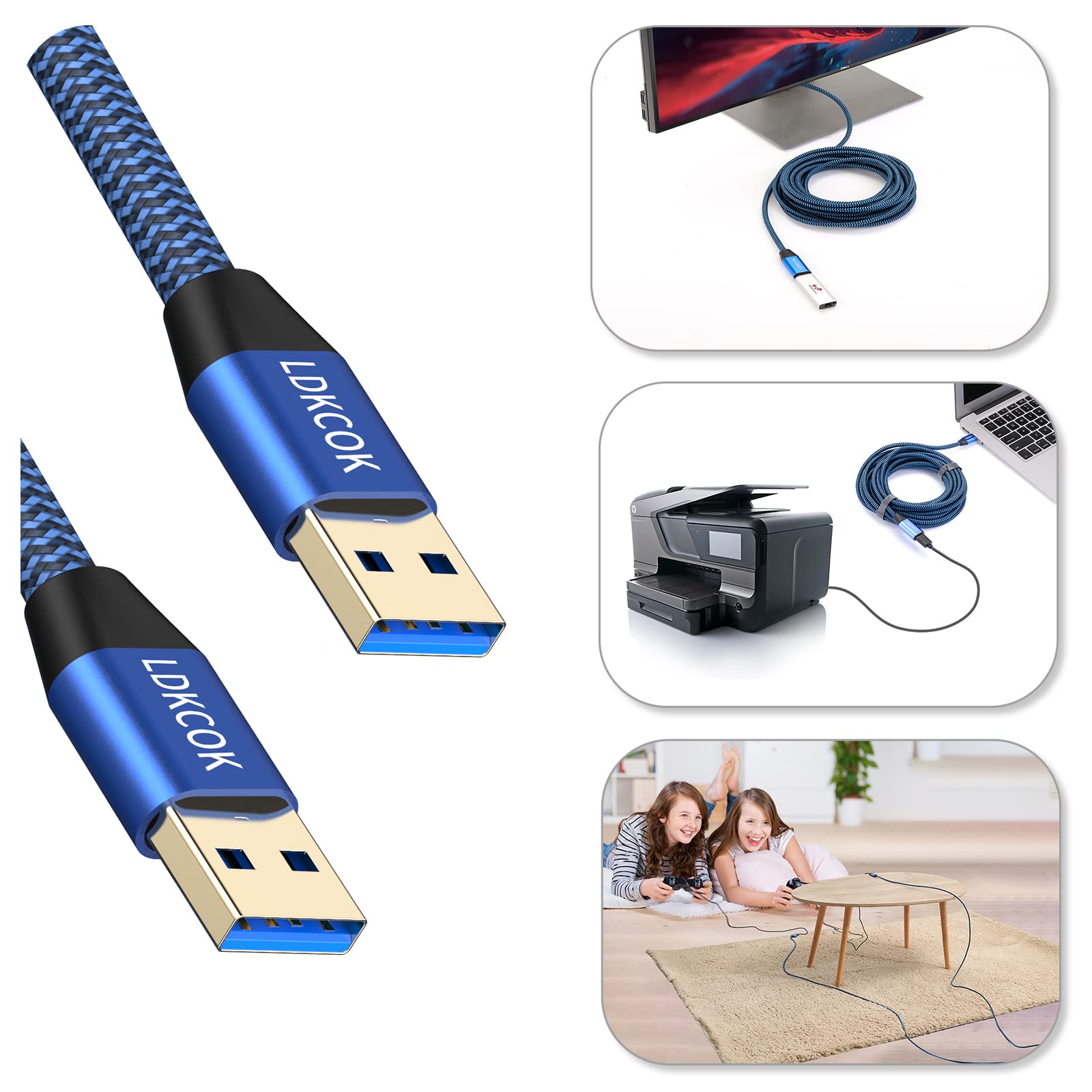 Usb To Usb Cable 20Ft,Durable Braidedfor Usb 3.0 Male To Male Type A To Type A Cable Data Transfer Compatible With Hard Drive, L
