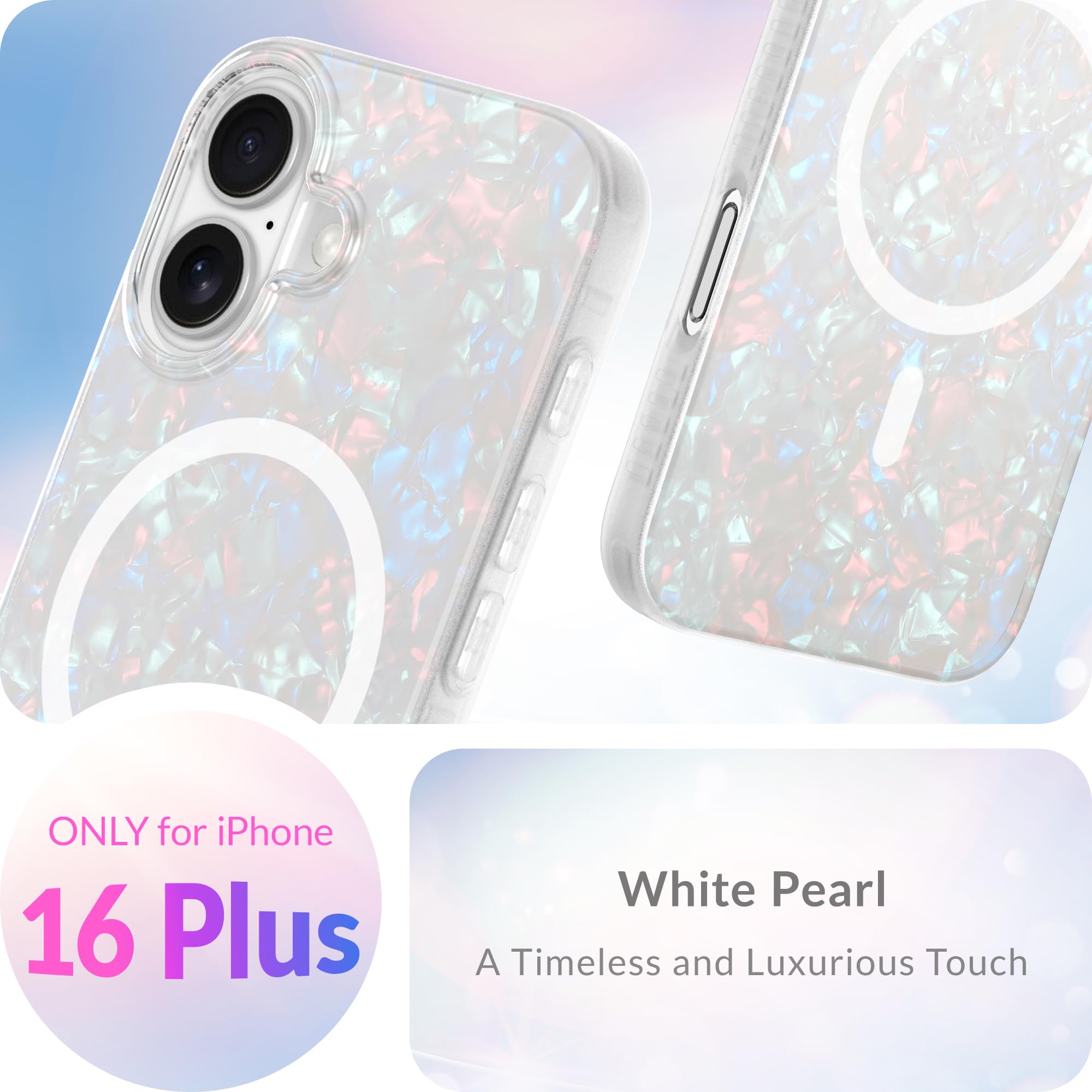 Lonli Hue   Iphone 16 Plus Magnetic Case [Compatible With Magsafe]   White Pearl Tort Phone Case   [360 Shock Absorbent Bumper]