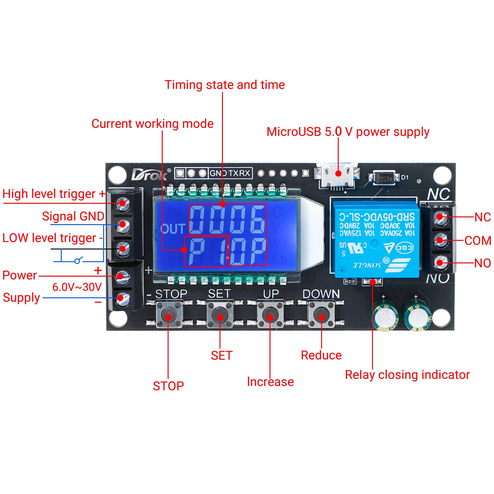 Drok Time Delay Relay 2Pcs Controller Dc 5V 12V 24V Module Adjustable Trigger Delay Switch Board With Lcd Display Support Micro