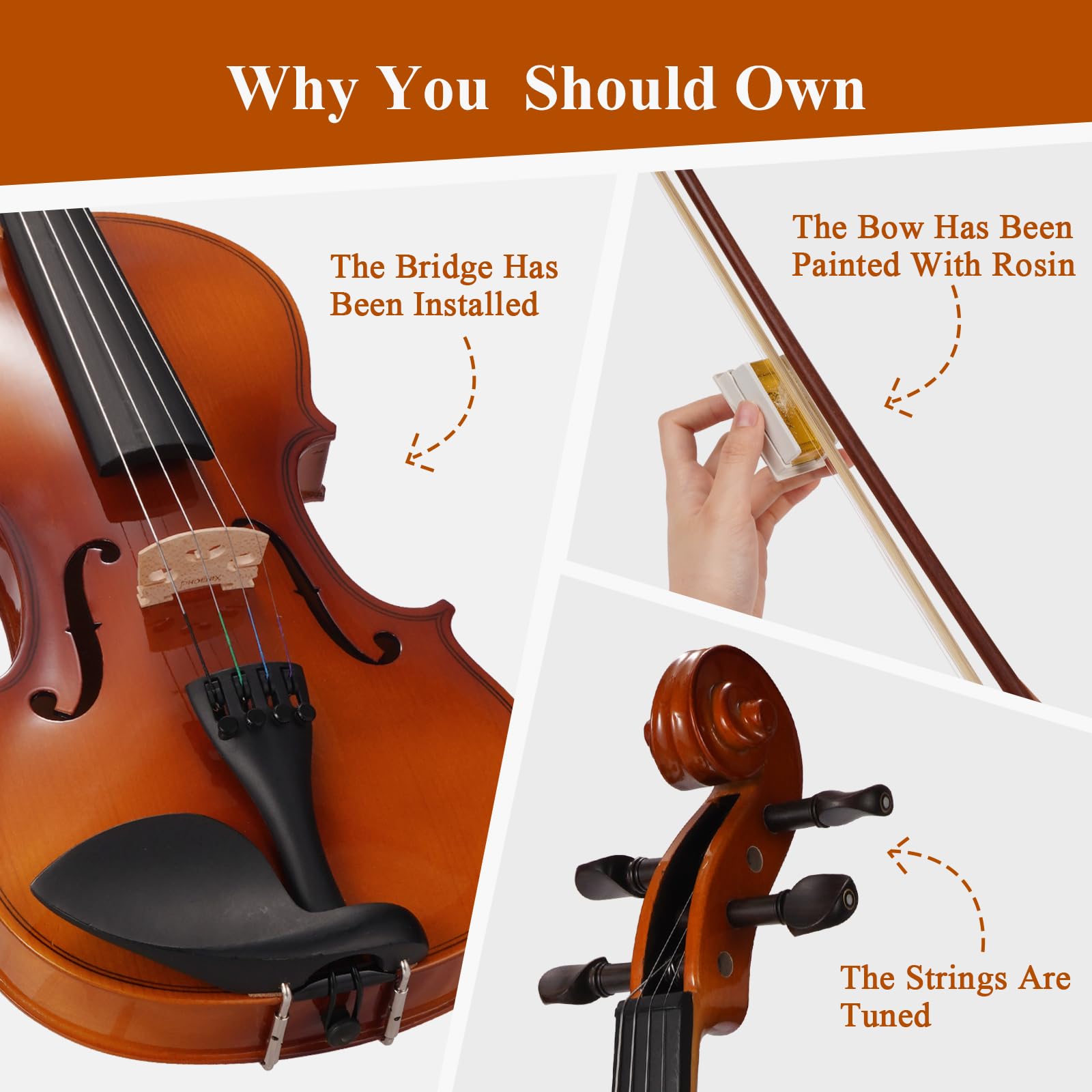 Phoenix Violin 4/4 Full Size Kit, Violin Fiddle Set For Beginner Adults Student With Rosewood Bow, Extra Strings & Bridge, 2 Ros