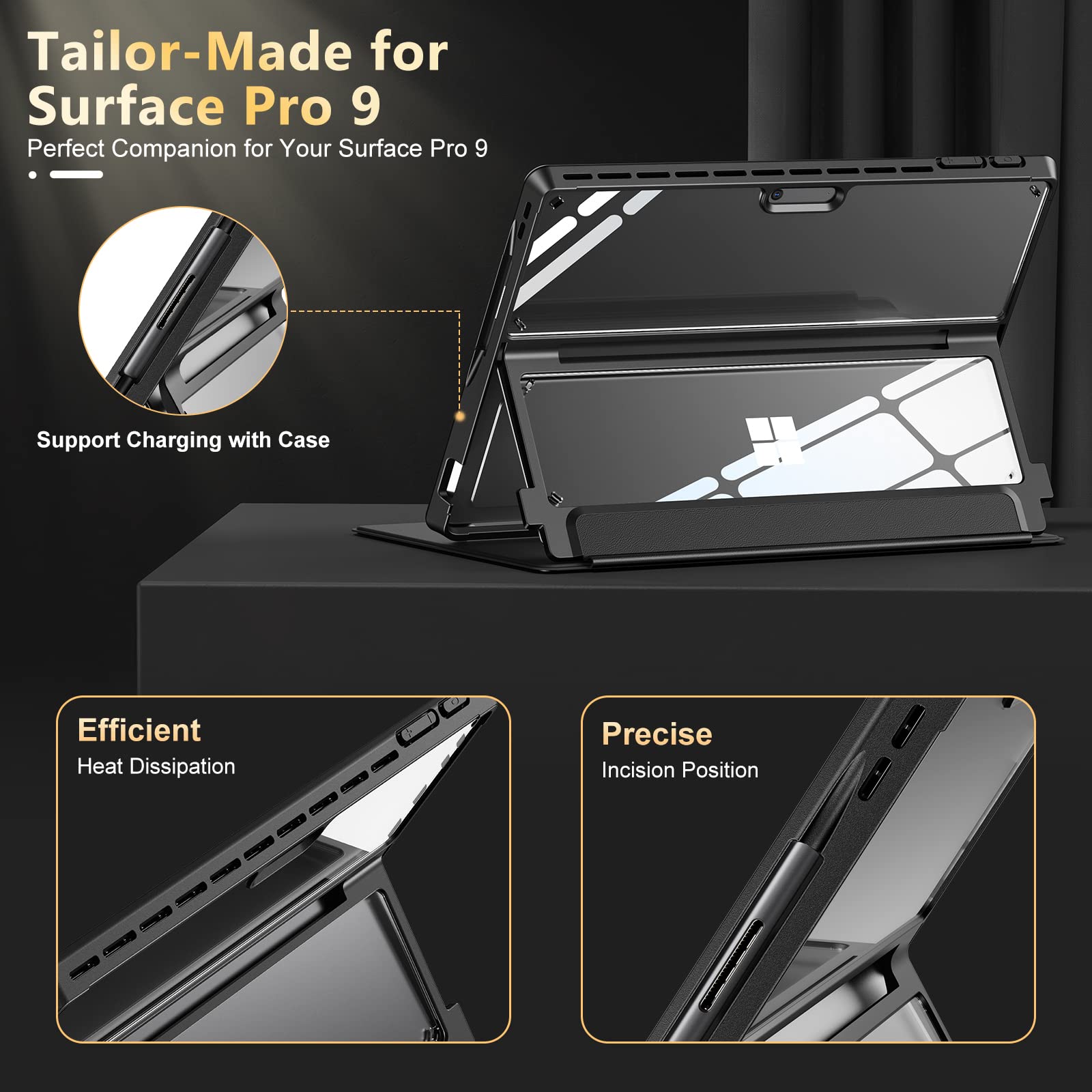 Infiland Microsoft Surface Pro 11/10/9 Case, Military Grade Drop Protection High Clearity Case Leather Cover Designed For Surface Pro 11Th Edition Ai, Work With Type Cover Keyboard, Black