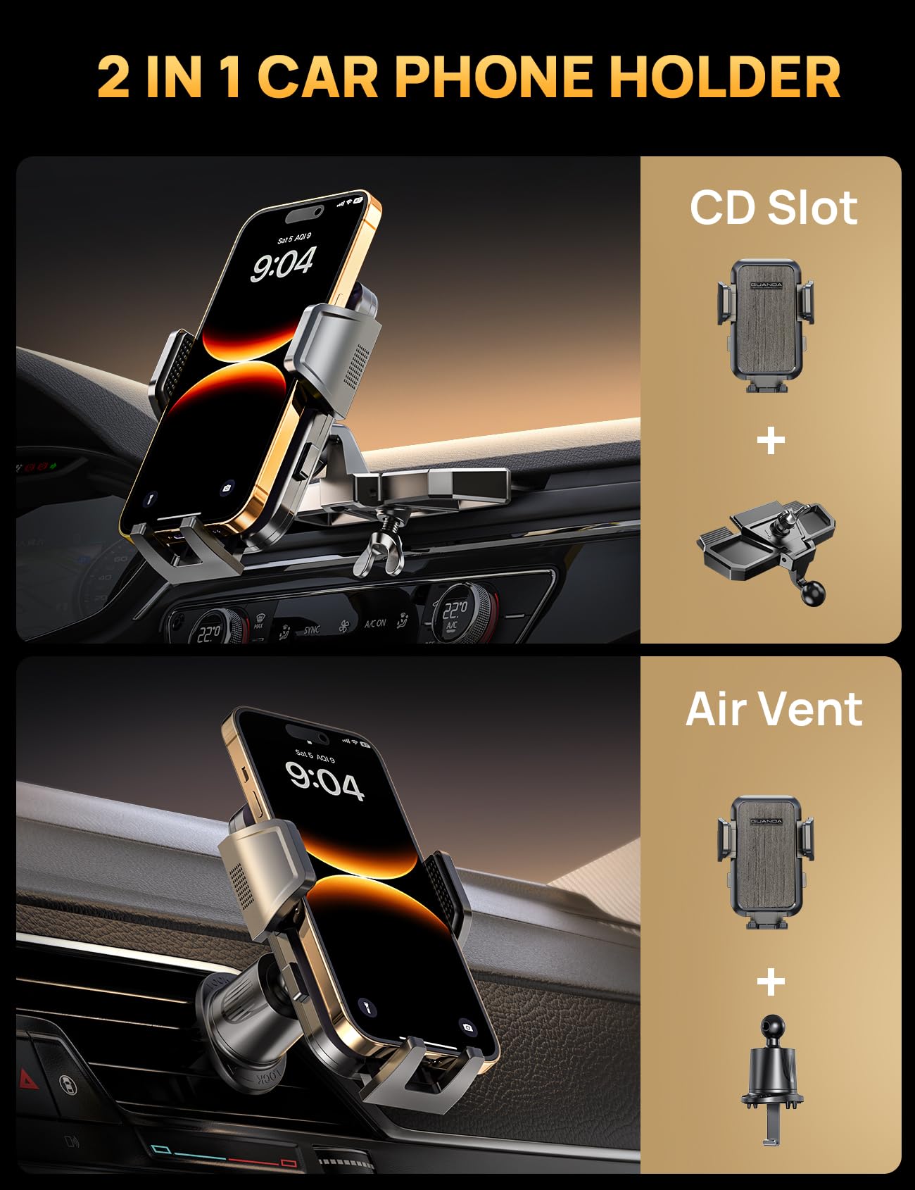 Cd Phone Mount With Vent Hook Clip, 360 Adjustable Car Vent Phone Holder For Iphone & Android, Thick Cases Friendly (Grey + Hook