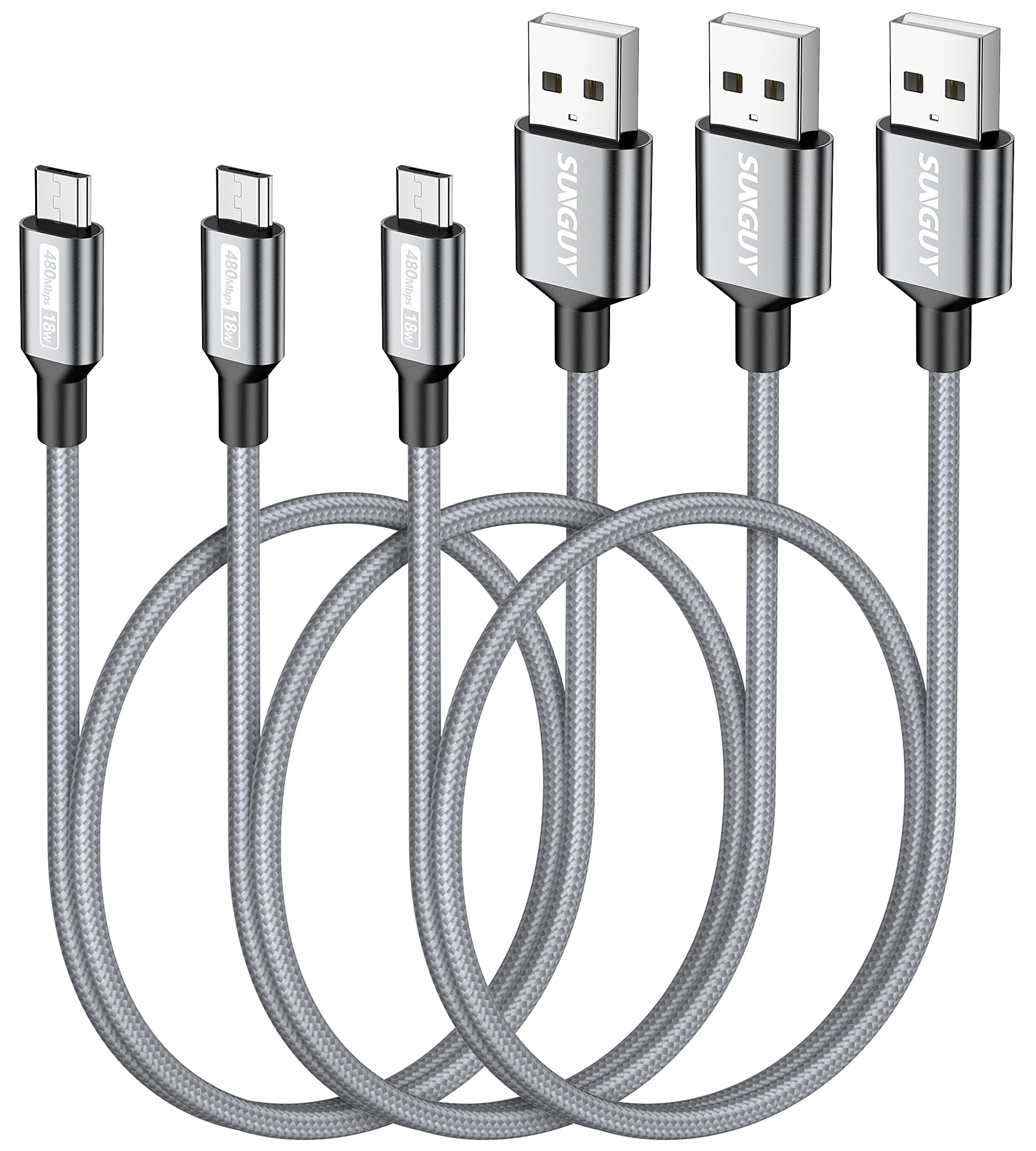 Sunguy Short Micro Usb Cable [3 Pack,1.5Ft], Nylon Braided Usb To Micro Usb 2.0 Fast Charging & Data Sync Cord For Samsung Galax