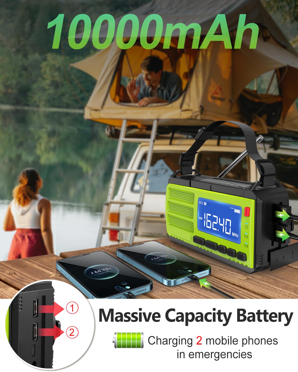 10000Mah Hand Crank Emergency Radio, Am Fm Noaa Weather Alert Radio, Portable Solar Radio, 3 Charging Methods, 3 Mode Flashlight