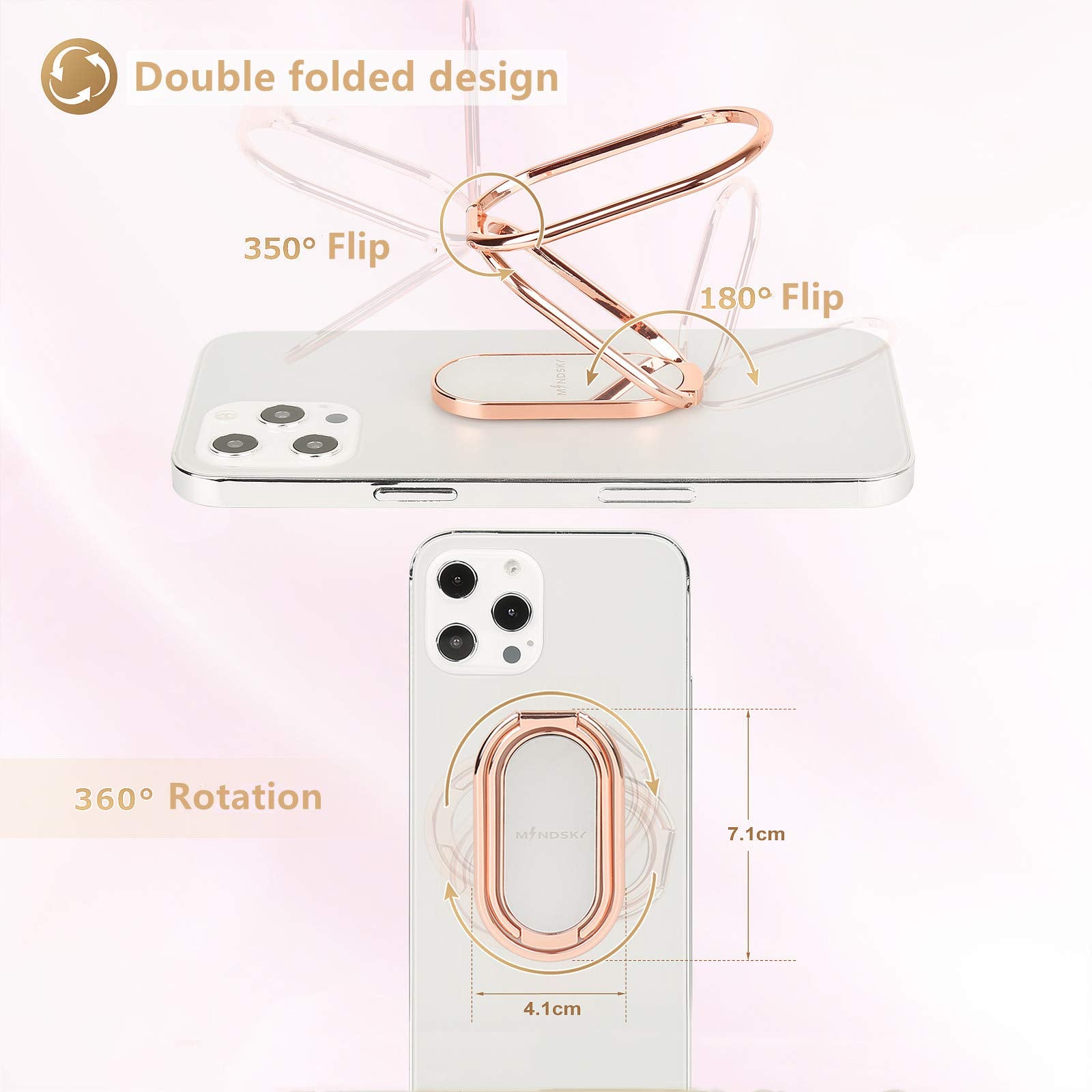 Mindsky Phone Ring Holder - 360° Rotation, Foldable Stand, Rose Gold, Compatible with iPhone, iPad, Smartphones, Tablets