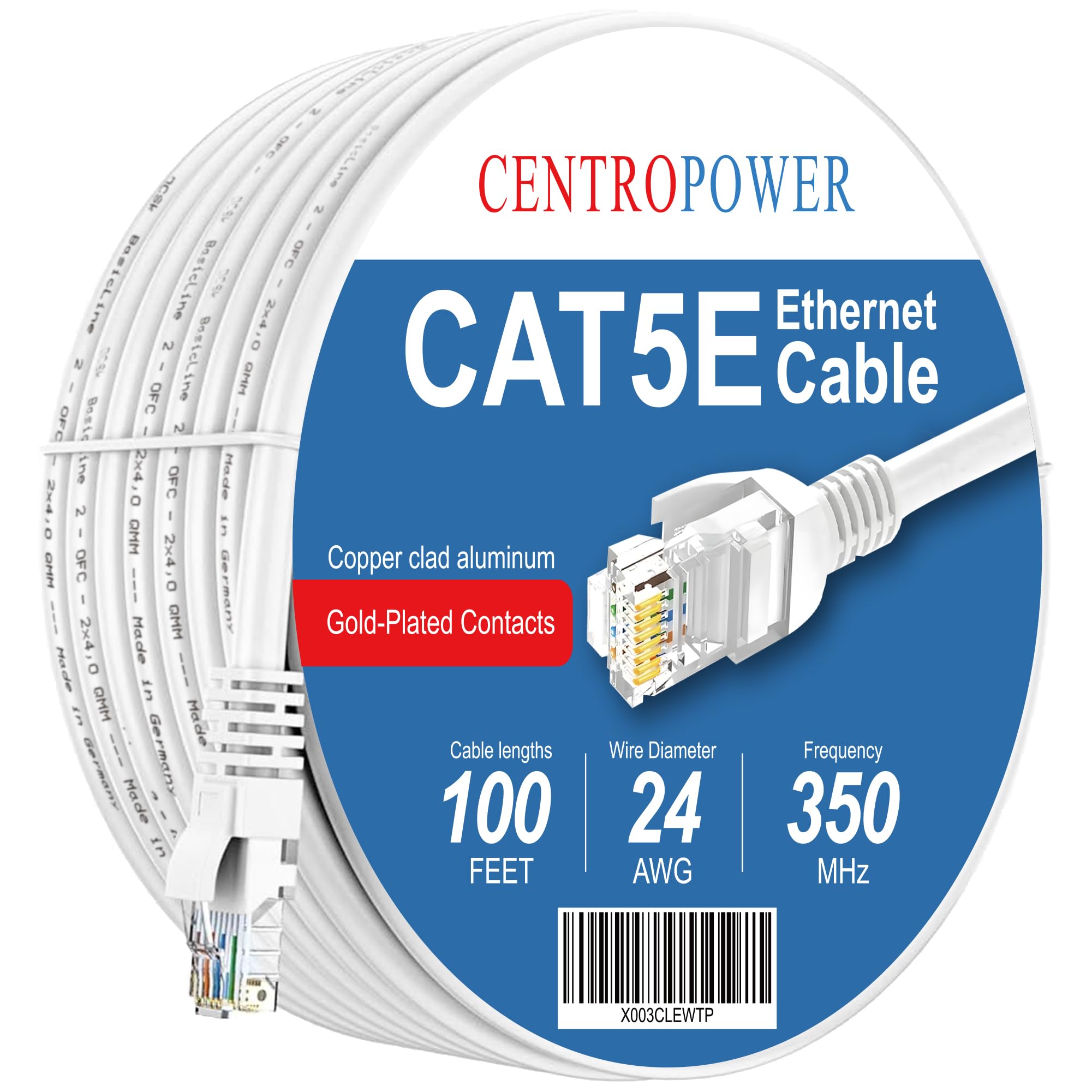 Centropower Cat 5E Ethernet Cable, White 100Ft Internet Cables Network Patch Cord For Modem, Router, Pc, Tv, Consoles, High Speed Internet