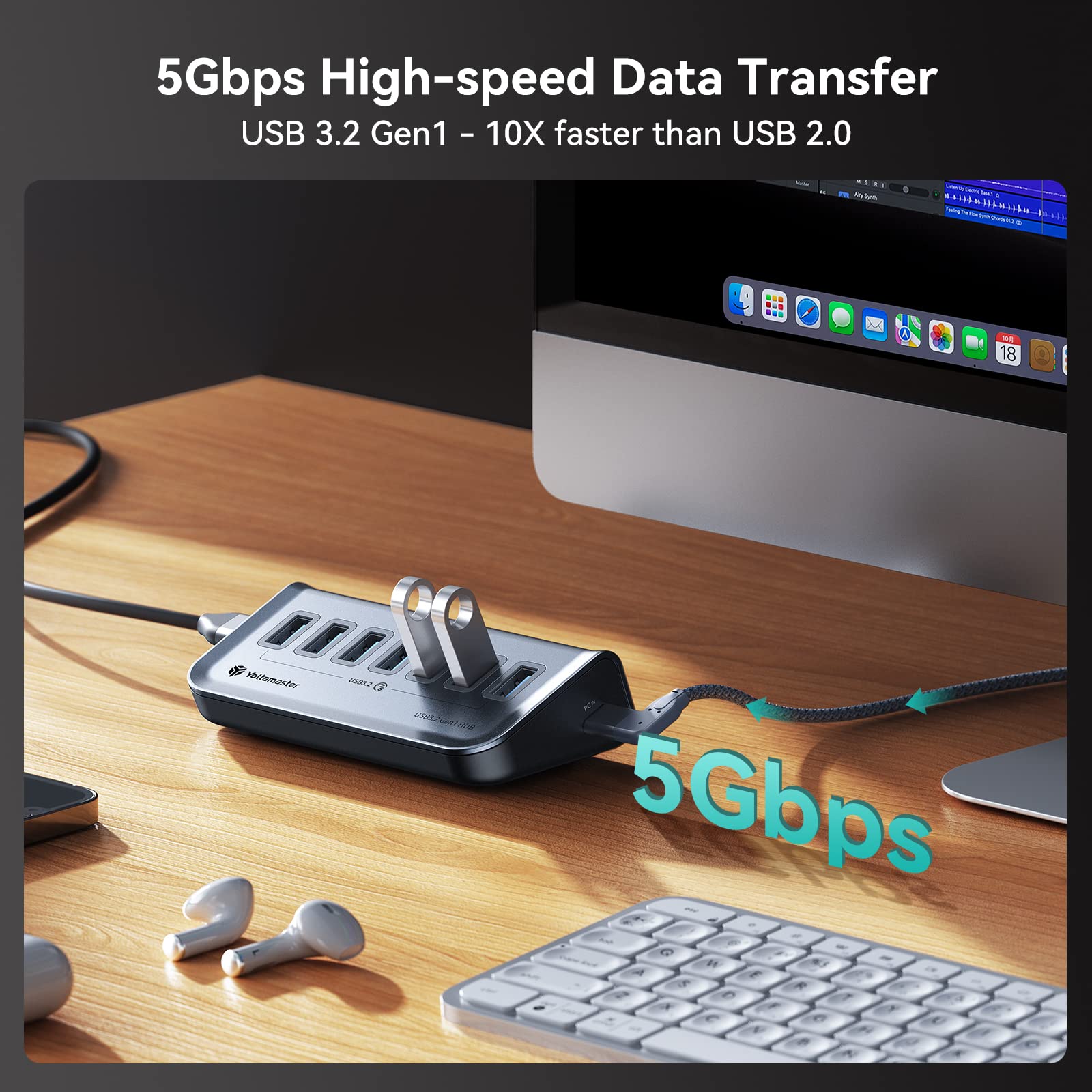 Yottamaster 7 Port Usb 3.0 Hub, Data Usb Hub Splitter With 3.2Ft Cable Compatible With Macbook, Mac Pro, Compatible With Mac Min