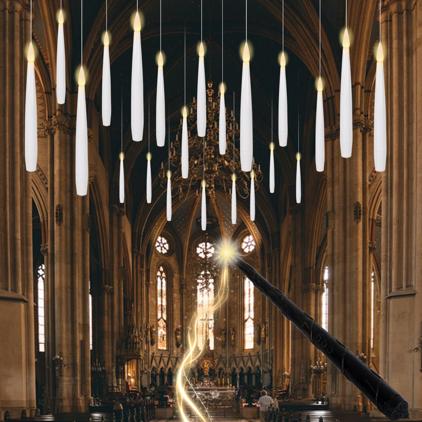 Lasumora 22 Pcs Floating Candles With Wand Remote, Halloween Decorations Floating Led Taper Candles, Flickering Flameless Hangin