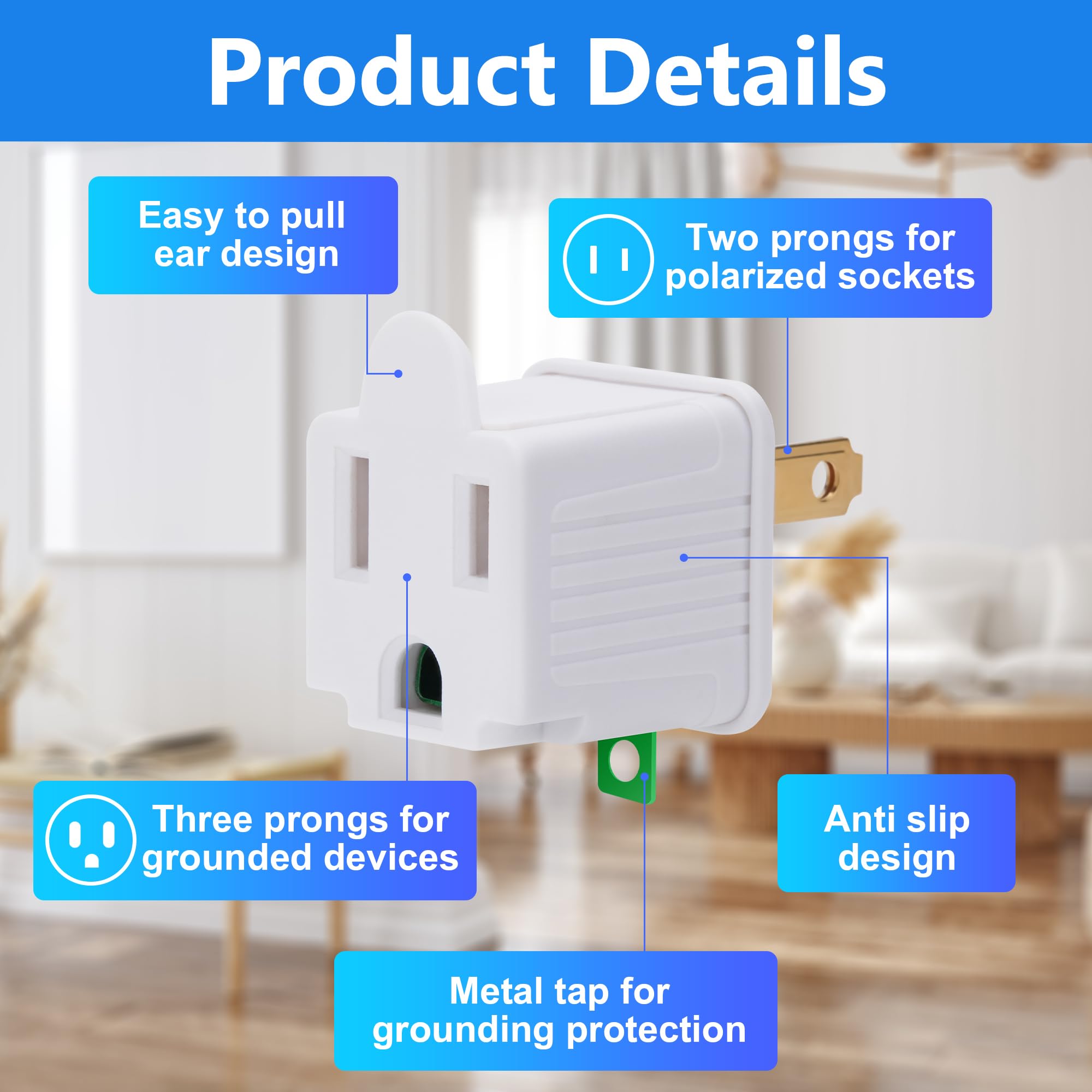 3 Prong To 2 Prong Outlet Adapter 5 Pack   Portable & Polarized 3 Pin To 2 Pin Grounding Converter Socket, Wall Outlet Plug Conn