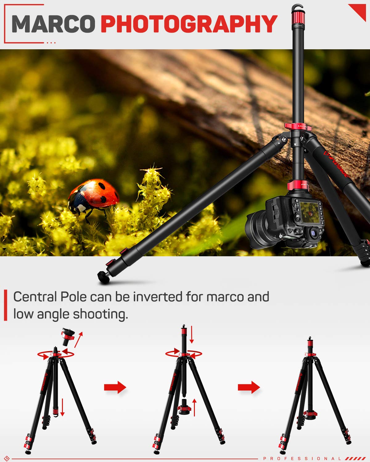 Ifootage 65'' Aluminum Camera Tripod, Professional Video Tripod 3 Sections With Centre Pole, Compatible With Canon, Nikon, Sony