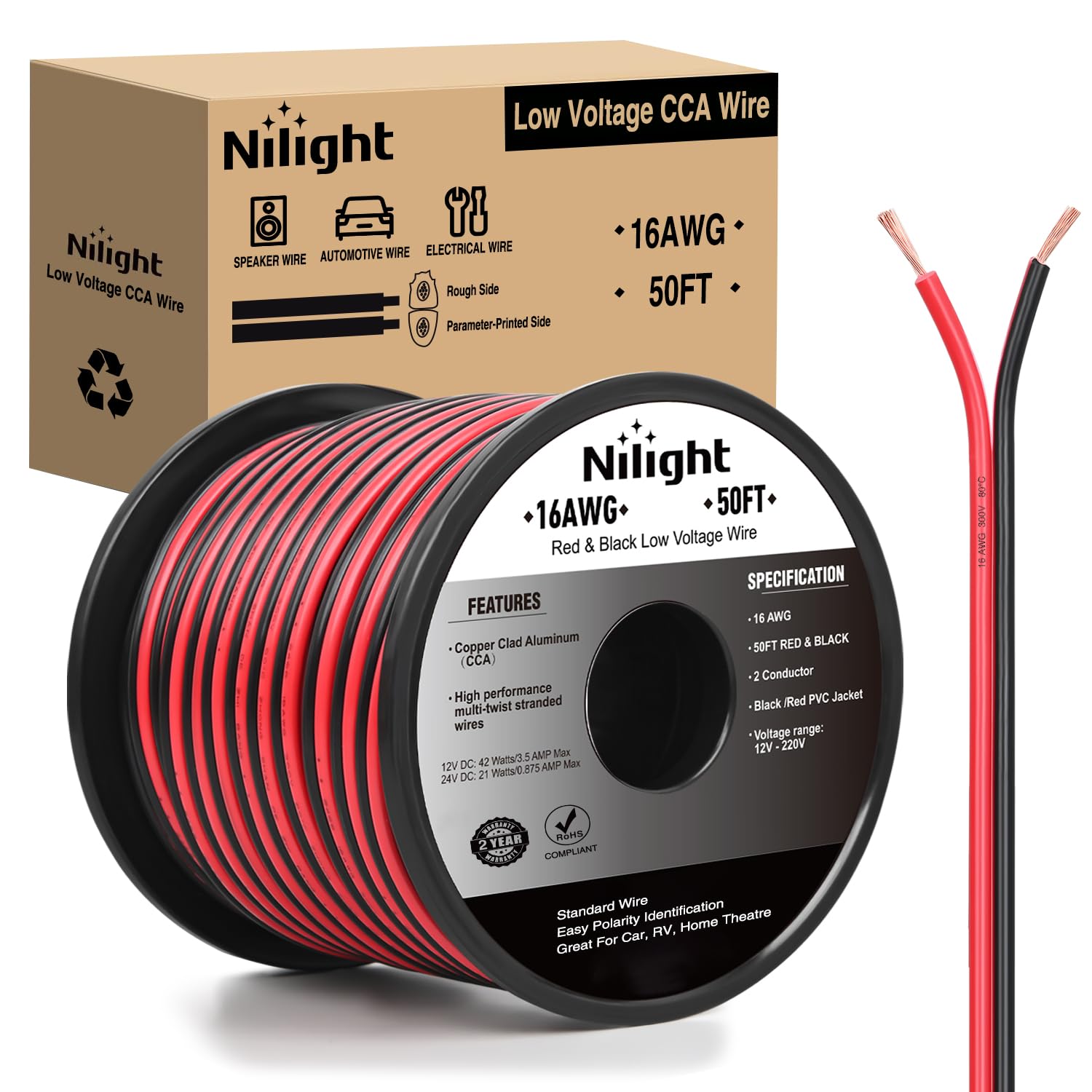 Nilight 50Ft 16Awg Copper Clad Aluminum Wire 16/2 Gauge Red Black Cca Electrical Cable 2 Conductor Parallel 12V/24V Dc Flexible