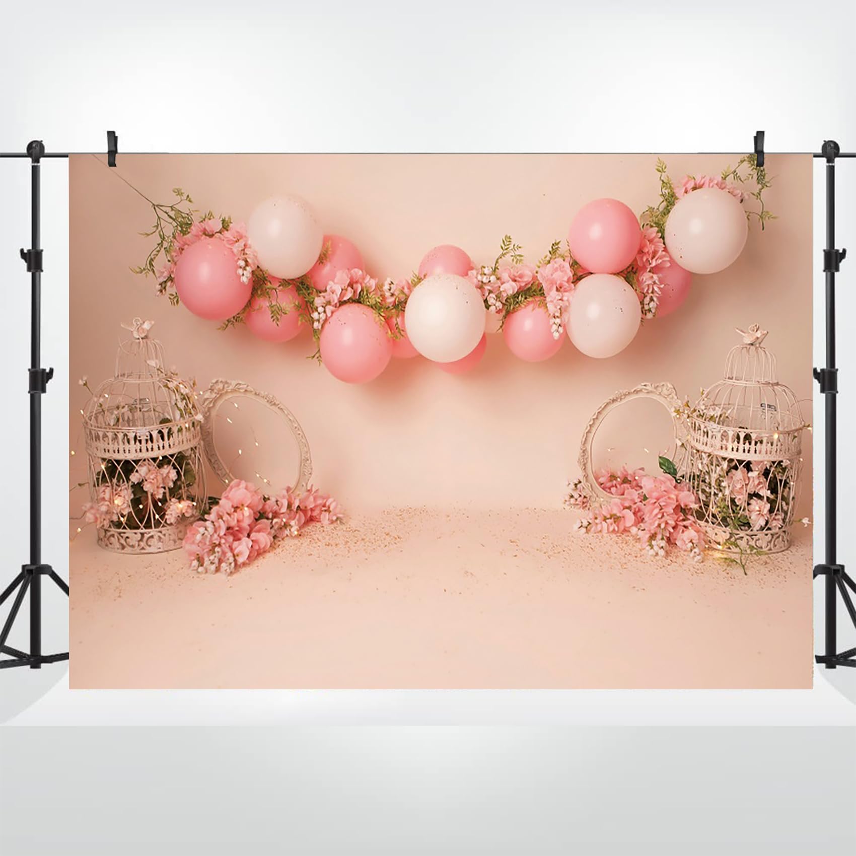 Baocicco 7X5Ft Baby Girl Happy Birthday Backdrop Pink Balloons Floral Sweet Princess Photography Backgrounds Pink Baby Girl Firs