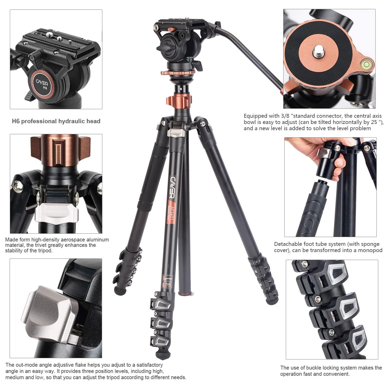 Cayer Af2451 Professional Video Camera Tripod, 67 Inches Aluminimum Tripod With Fluid Drag Head, Convertible To Monopod, Max Loa